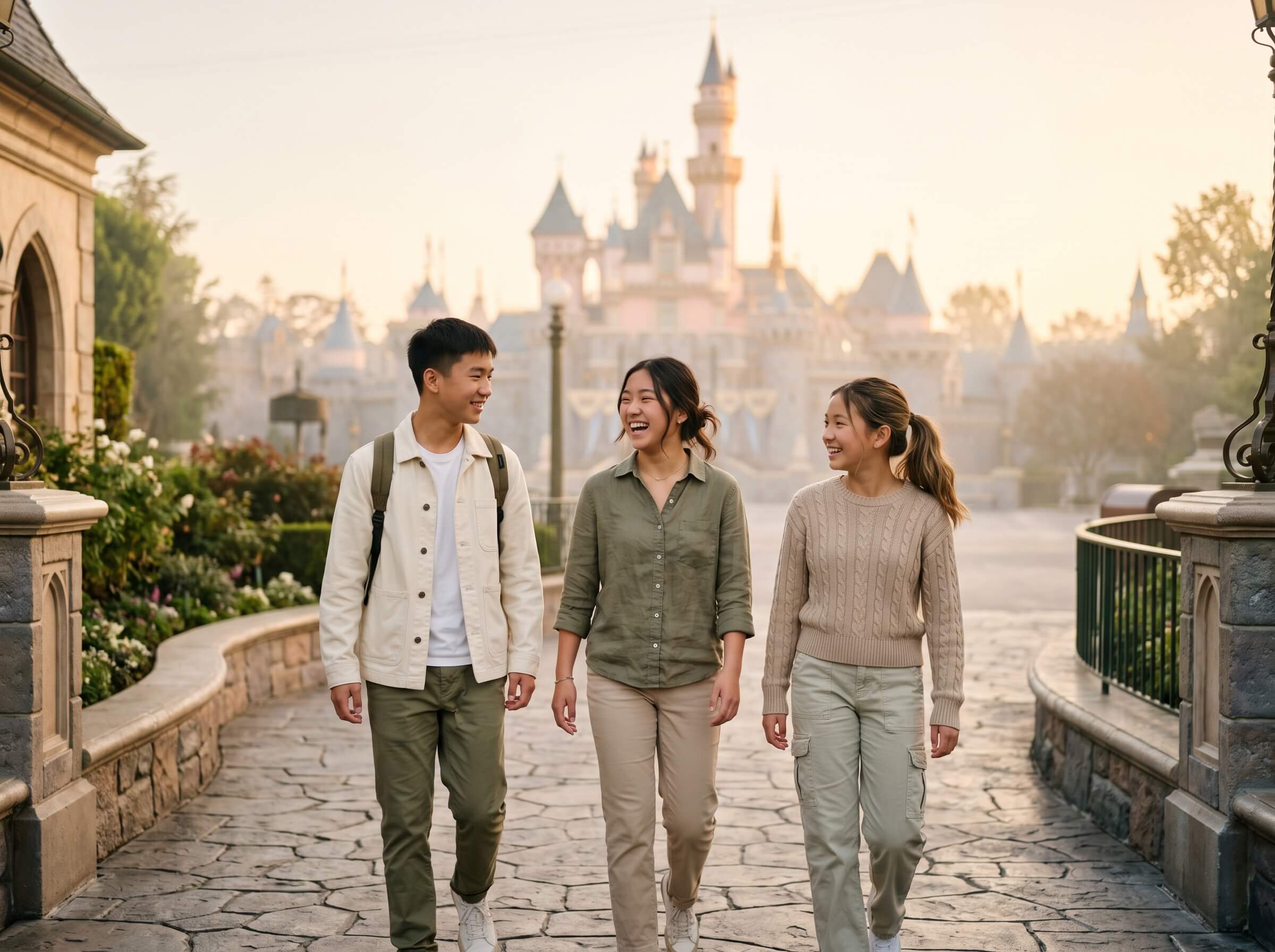 Three people happily walk along a cobblestone path with a castle in the background, surrounded by lush greenery and morning light, embodying a theme park adventure.