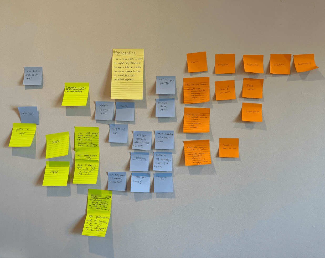 Photo of a wall covered in stick notes with brainstormed ideas that we generated for user onboarding.