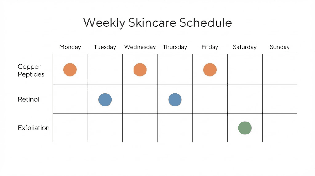 Weekly copper peptides skincare routine schedule with retinol and exfoliation days