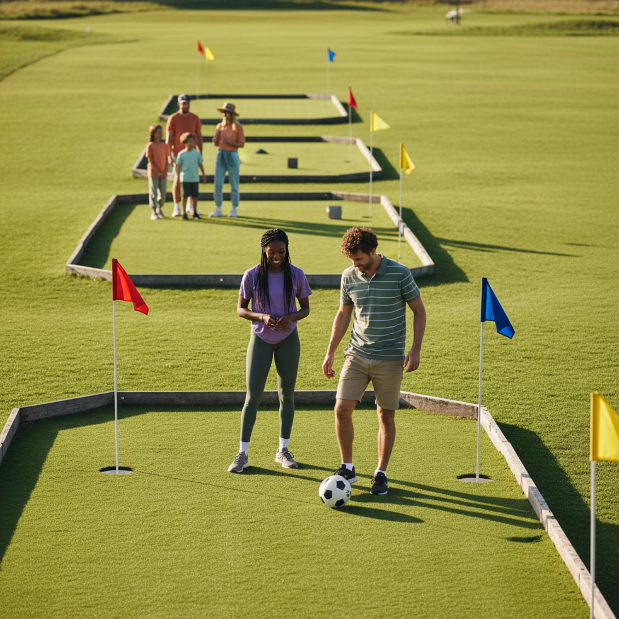 Sonnenlicht liegt auf saftigem Grün, bunte Fahnen flattern an den Bahnen. Zwei Freunde zielen konzentriert auf ein großes Loch, während im Hintergrund eine Familie lacht. Holzbarrieren und kleine Hügel geben der Bahn Charakter. Die Szene wirkt lebendig, entspannt und sportlich zugleich.