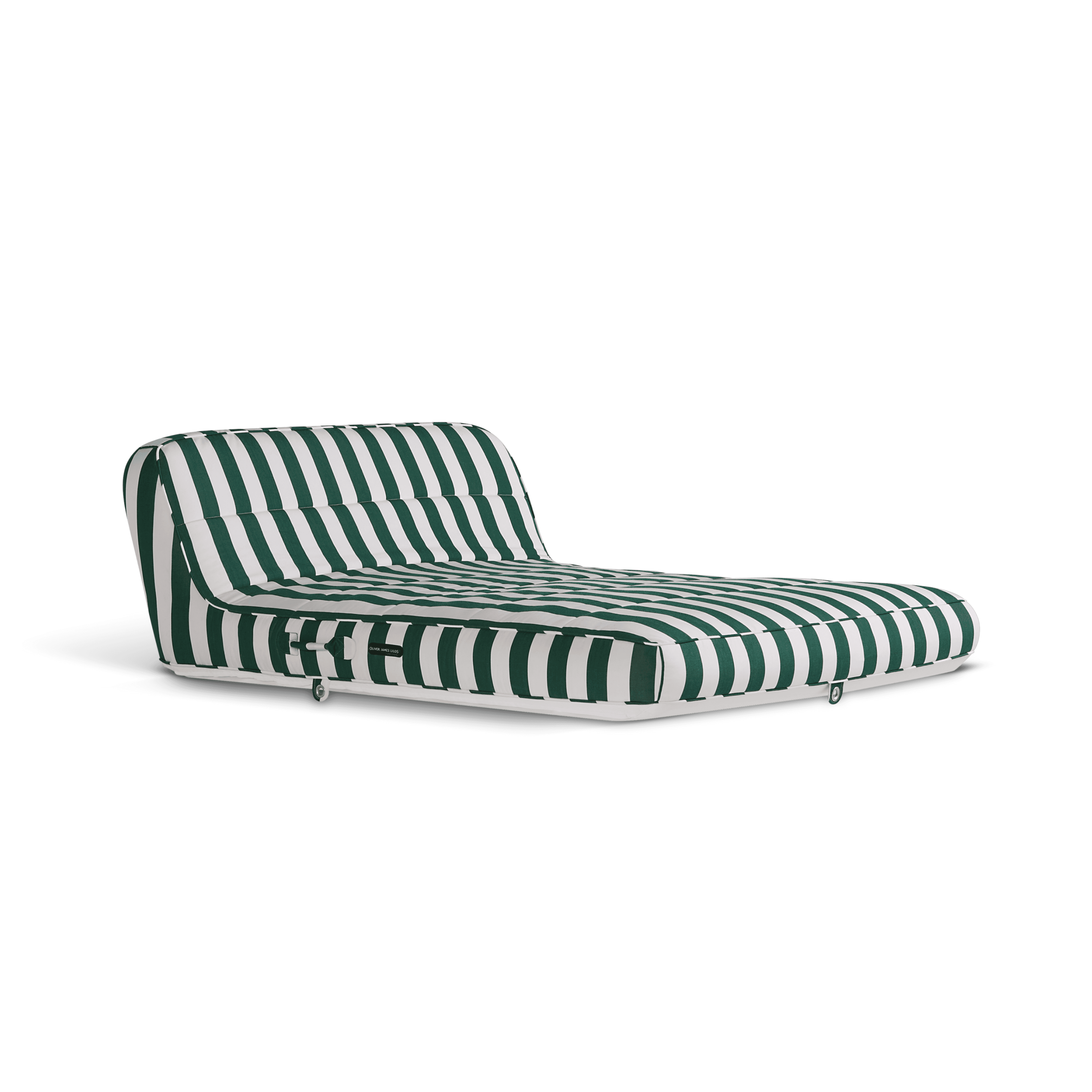 Luxury double pool float in bold green-and-white stripe canvas with raised headrest and white base