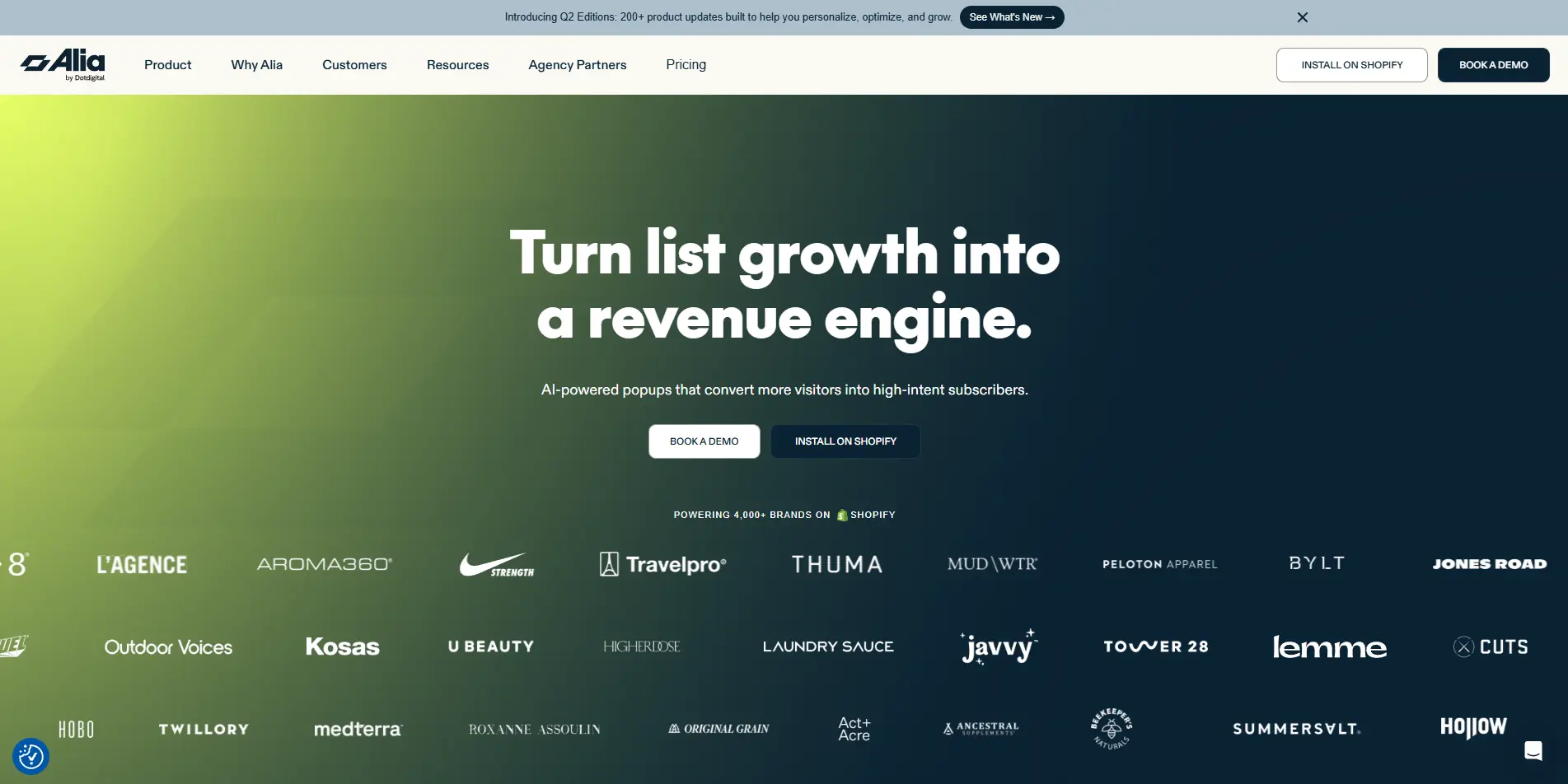 Alia popups homepage hero section featuring the headline “Turn list growth into a revenue engine. AI-powered popups that convert more visitors into high-intent subscribers.”