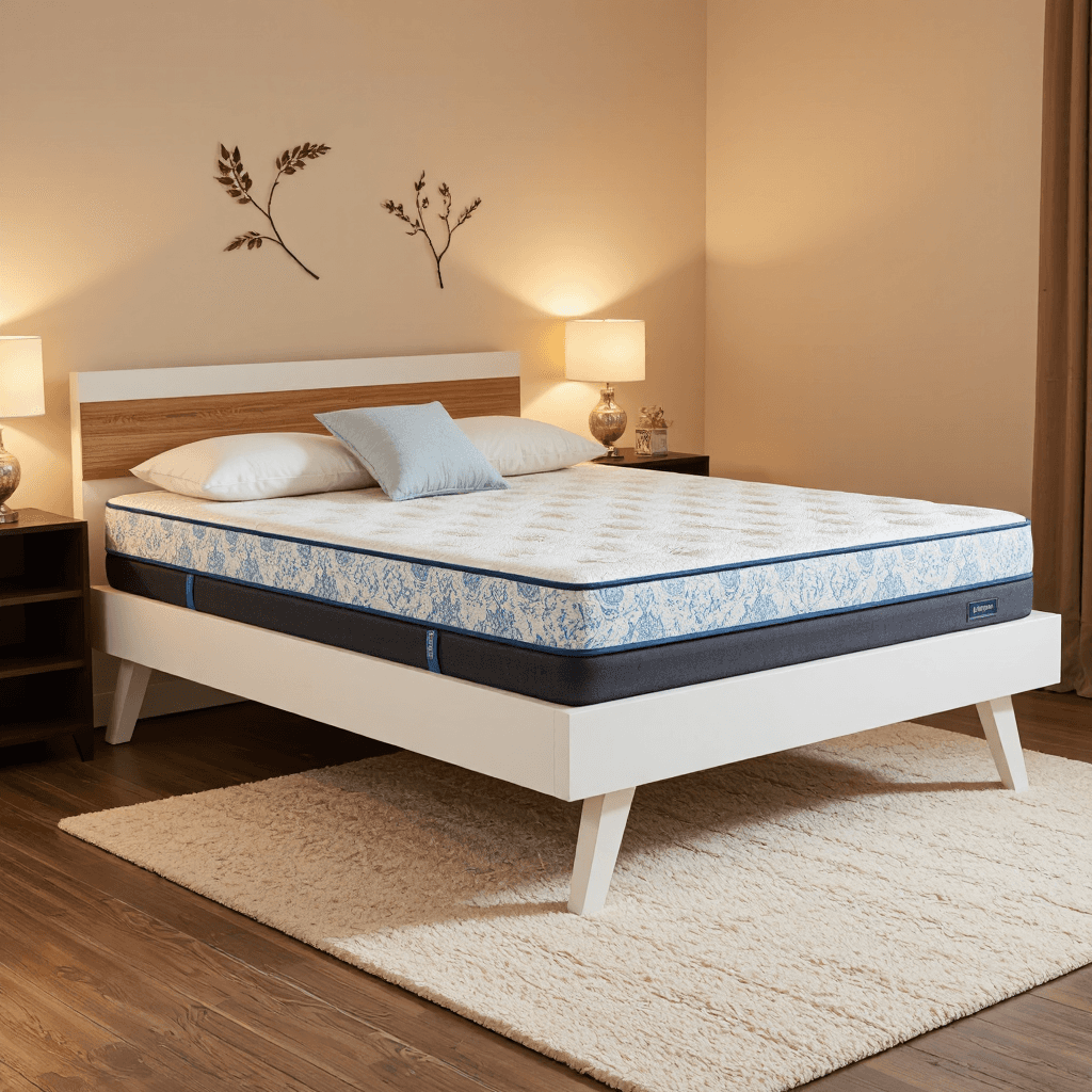 product photography of a bed frame with a mattress and pillow, designed for sleeping or resting