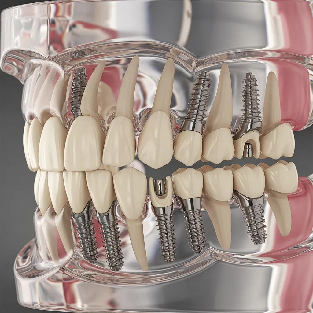 Dental model showing All-on-4 and mini implant placement and how they support teeth