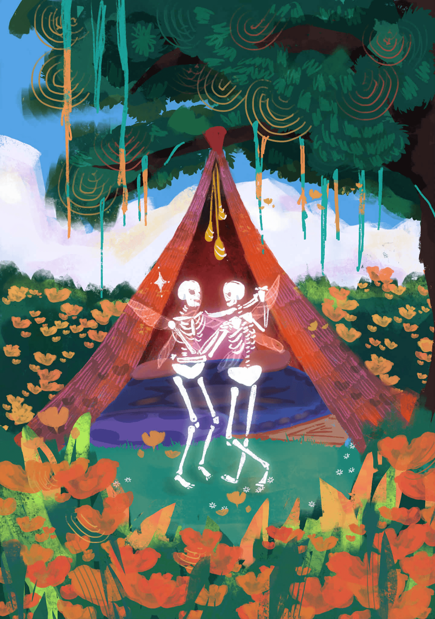 Illustration of two skeleton figures sitting companionably in an orange tent surrounded by autumn foliage and forest scenery with hanging golden ornaments from the trees above.