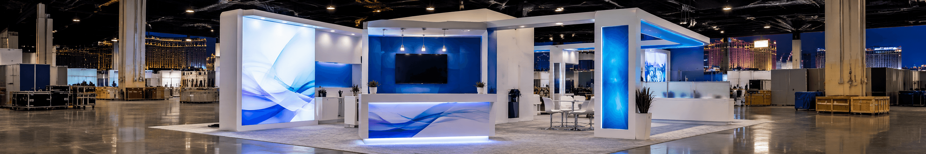 Las Vegas rental booth installation planning with modular booth structure, branded graphics, demo counter, power and AV setup, crate staging, and show-floor readiness