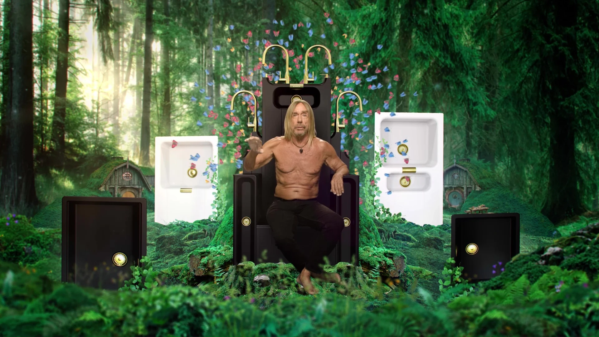 Photo collage of Iggy Poop sitting on a throne of sinks in a forest with butterflies bursting out behind him