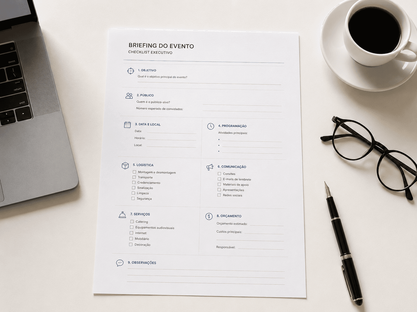 Checklist de briefing de evento corporativo com blocos de informação para proposta de catering