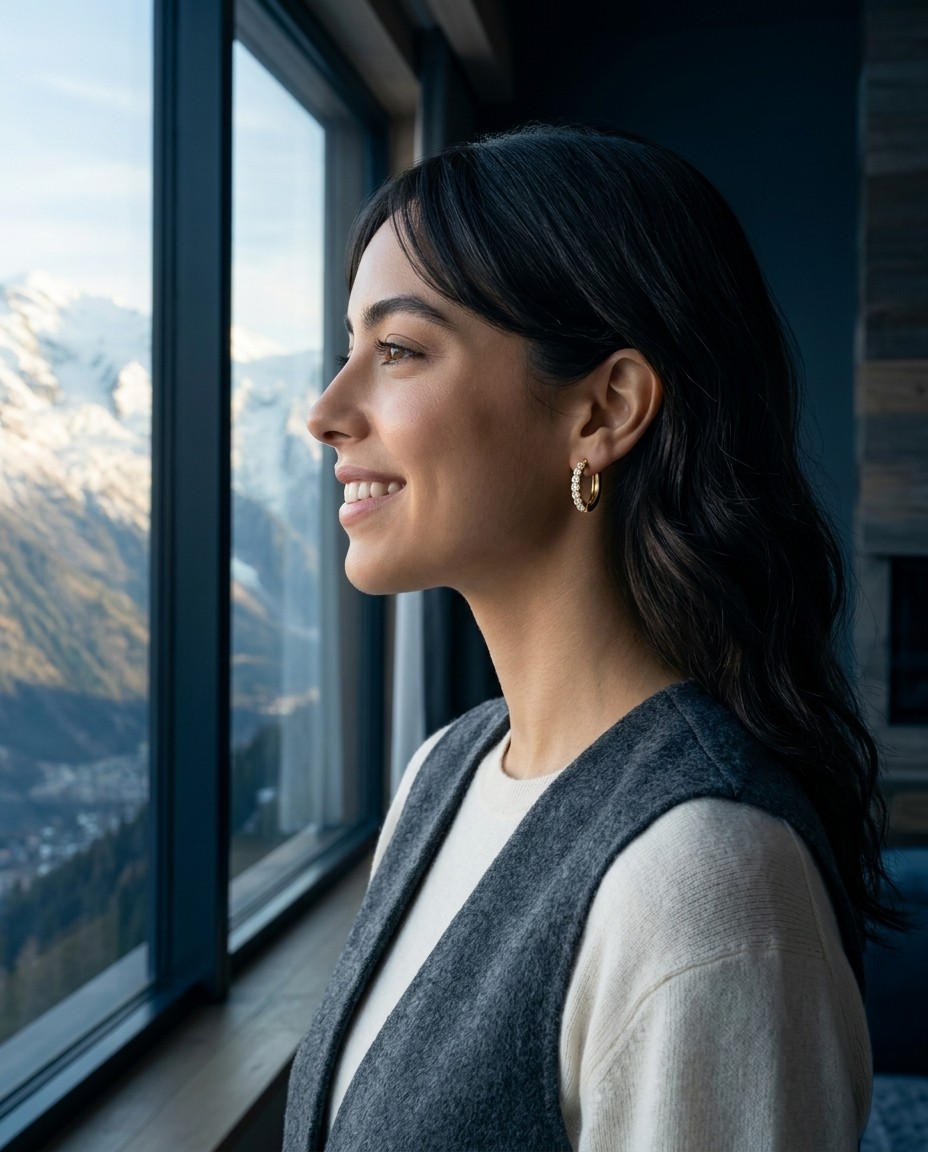 Isabella Vega AI model wearing gold huggie hoop earring, profile portrait with alpine mountain backdrop, resort editorial, Gemzy AI jewelry studio