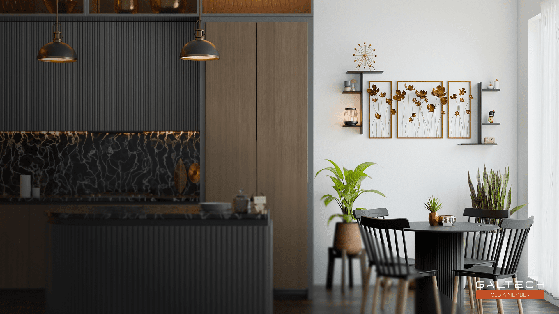 Modern kitchen with marble island and dining set