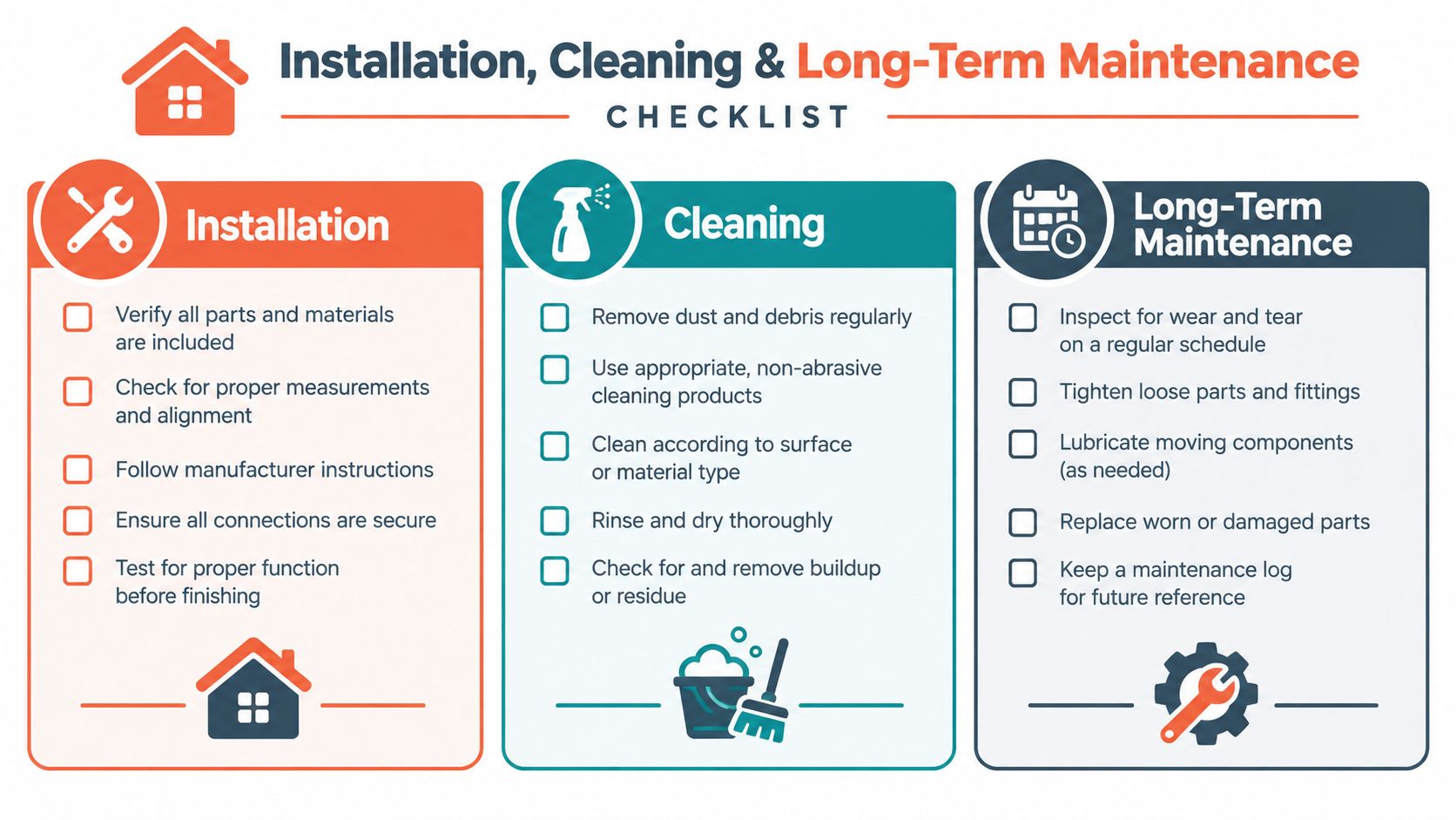 An infographic checklist outlining steps for the proper installation, cleaning, and long-term maintenance of household fixtures.