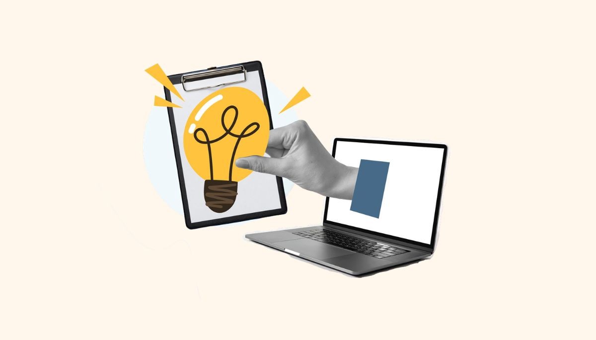 Collage of a laptop with a hand holding a clipboard showing a light bulb, symbolizing creative ideas and innovation in business app development.