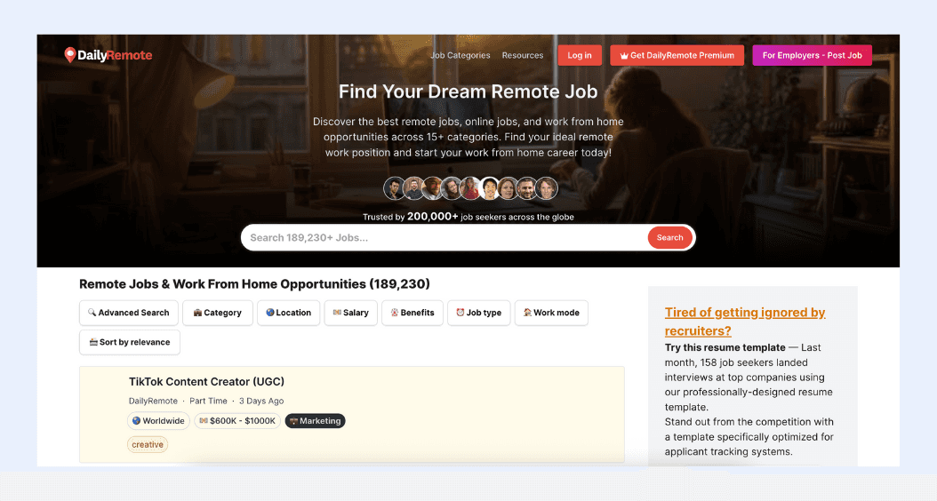 DailyRemote's homepage