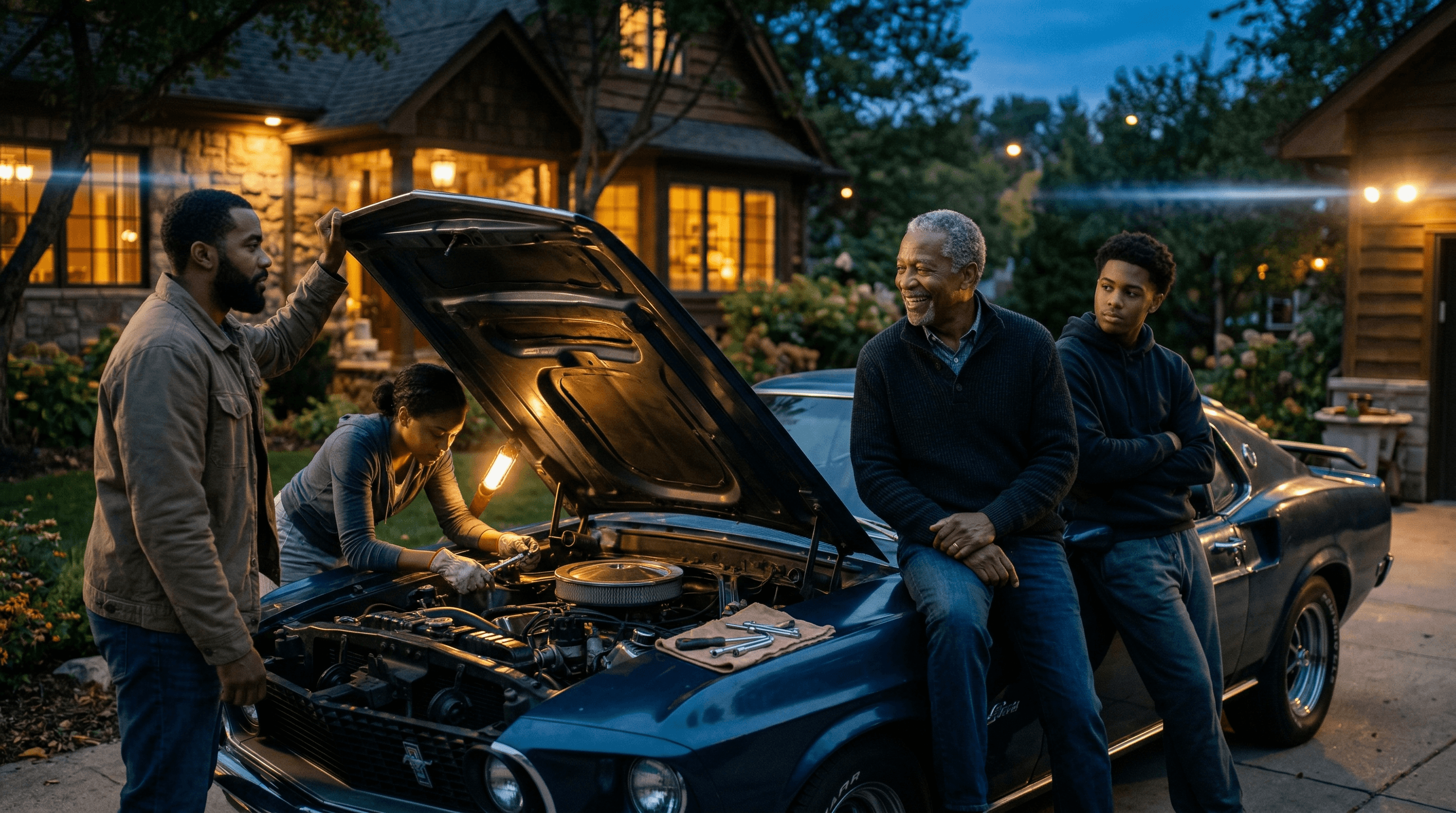 Family working on a hot rod car at dusk
