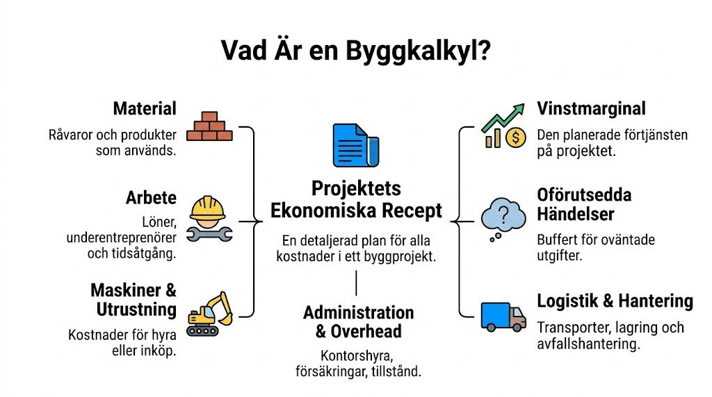 En infografik som förklarar vad en byggkalkyl är genom att dela upp projektets kostnader i olika kategorier.