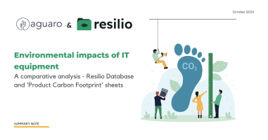 Bannière d'un rapport intitulé « Impacts environnementaux des équipements IT », co-écrit par Aguaro et Resilio. Le sous-titre mentionne une analyse comparative entre la base de données Resilio et les fiches de l'empreinte carbone des produits. L'illustration présente des personnes interagissant avec une empreinte géante étiquetée « CO₂ ».