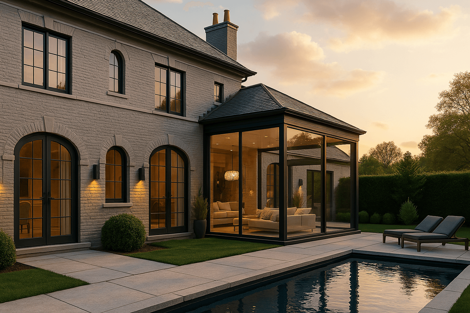 Elegant home with a smart film glass extension illuminated at dusk by the pool.