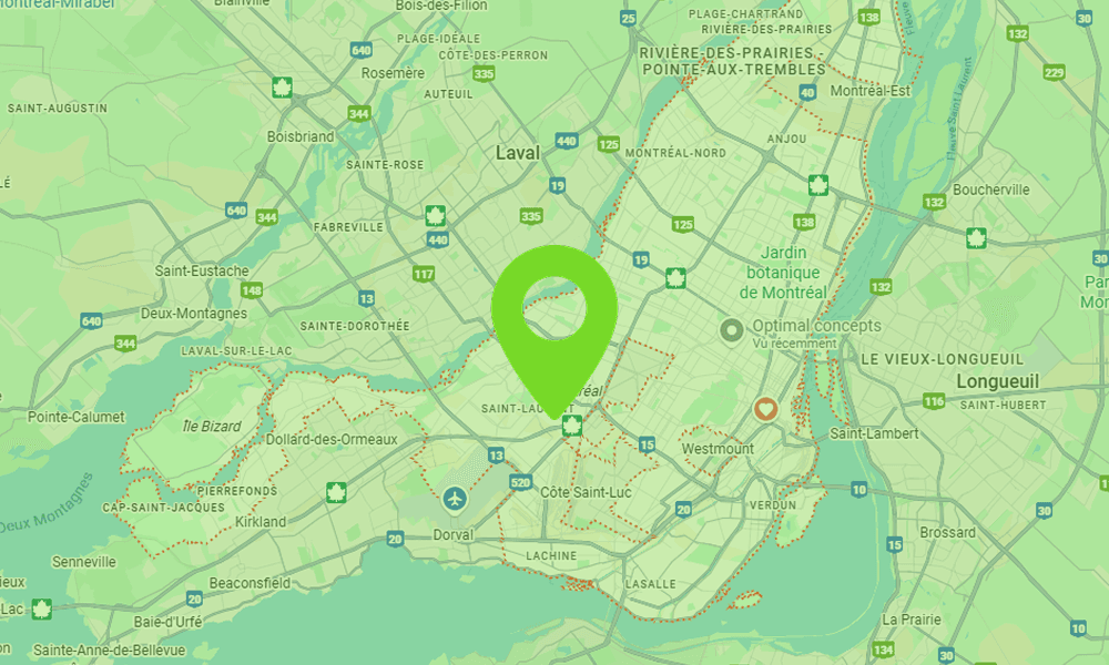 Carte montrant la zone de Montréal étant desservie par B2Web, agence de création de site web au Québec