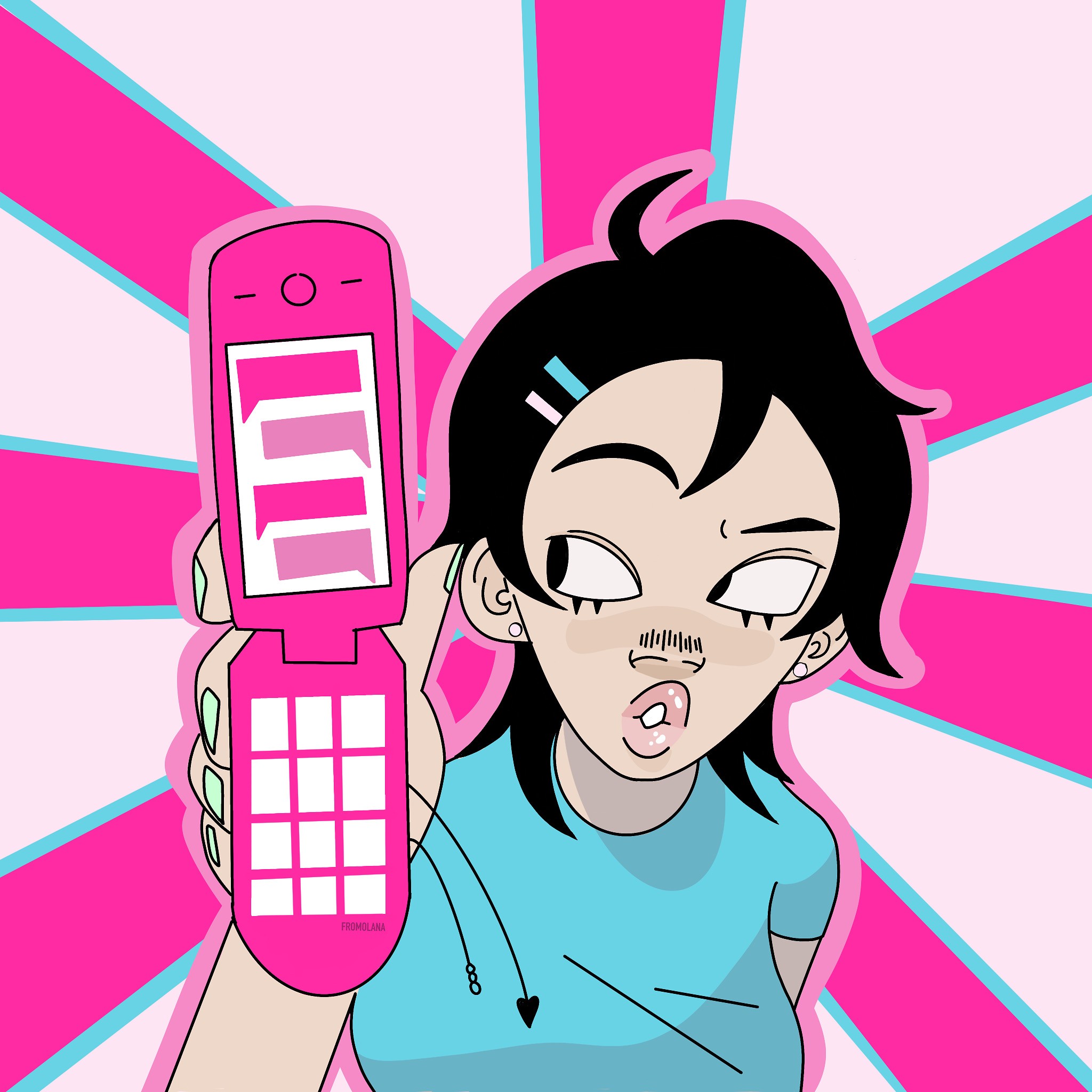 A close-up of a hand wearing multiple decorative rings against a blue background.