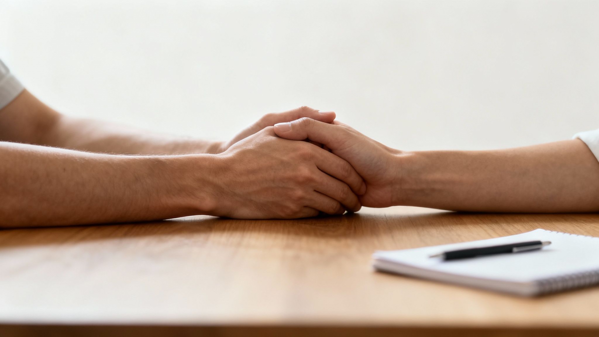 Close-up of two people's hands clasped together on a wooden table, expressing support and comfort.