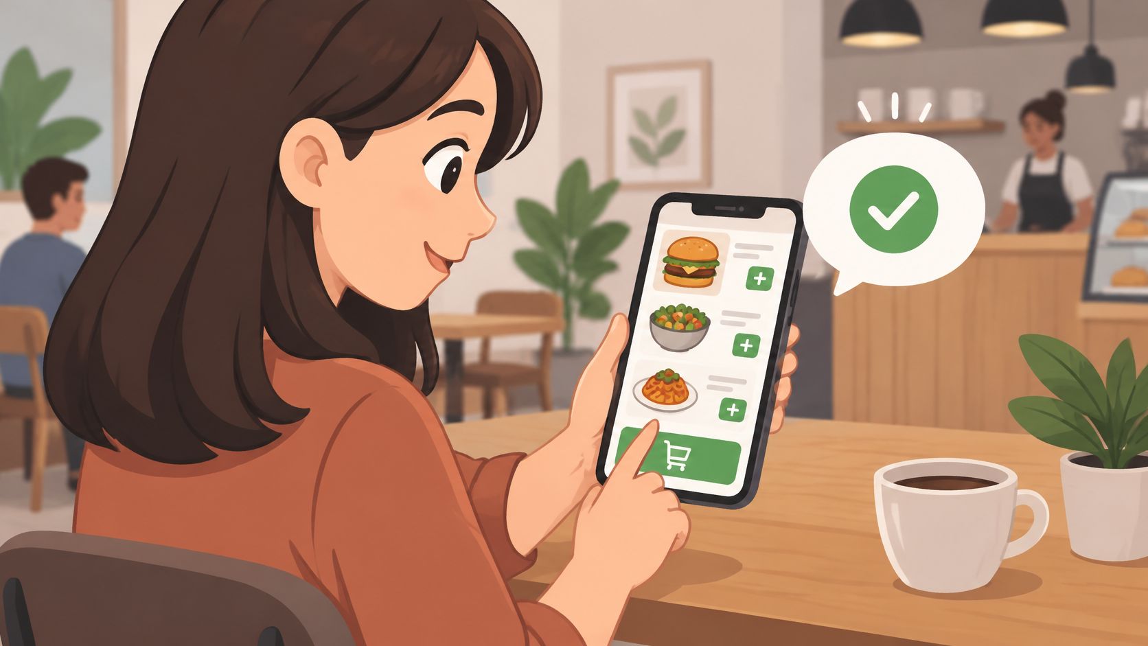 Una mujer feliz utiliza una aplicación móvil para pedir comida en la mesa de un restaurante moderno.