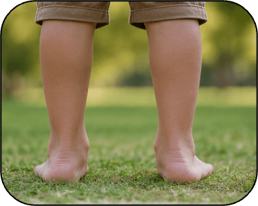 Child standing barefoot showing flat foot appearance with no visible arch