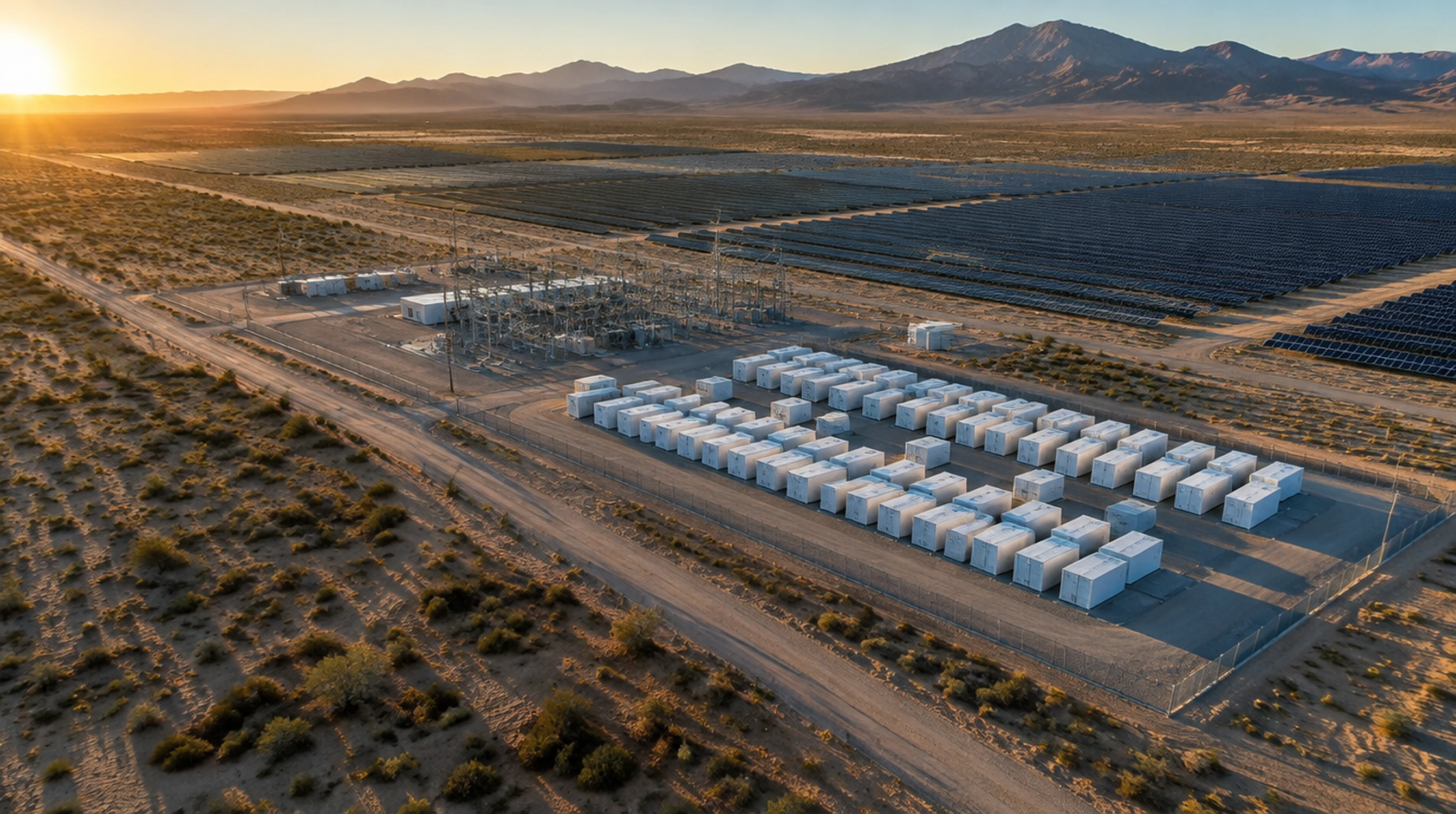 Aerial view of a utility-scale solar farm with battery storage and a substation