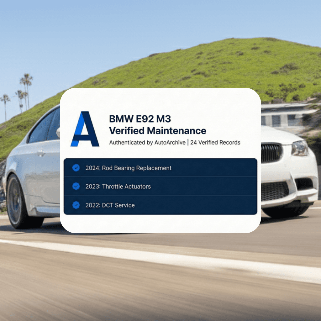 Example verified BMW E92 M3 service history profile on AutoArchive