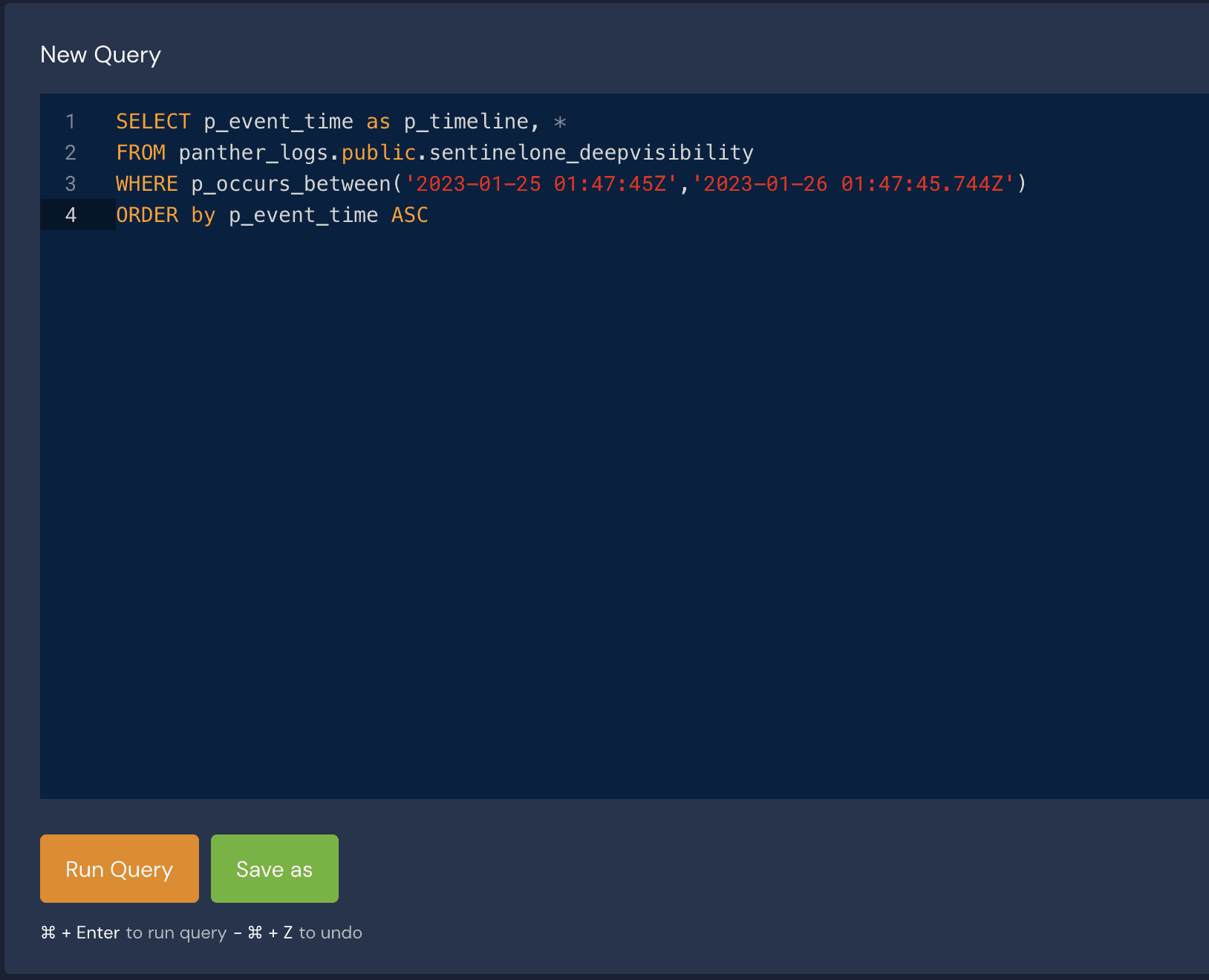 Screenshot of generated SQL query selecting form the sentinelone_deepvisibility table within a date range.