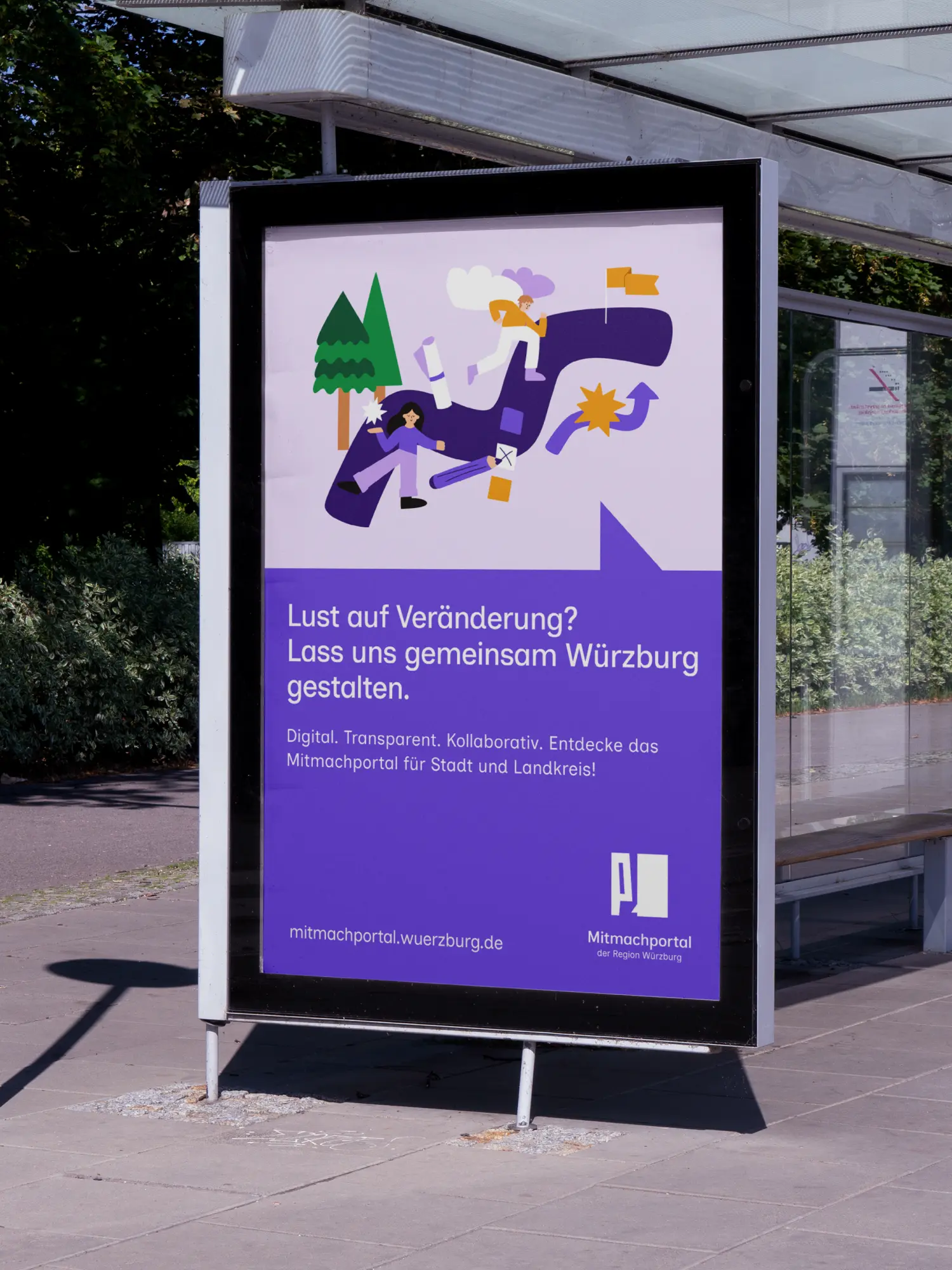 Citylight-Poster am Bushaltestellen-Stand mit Illustration zum Mitmachportal Würzburg.