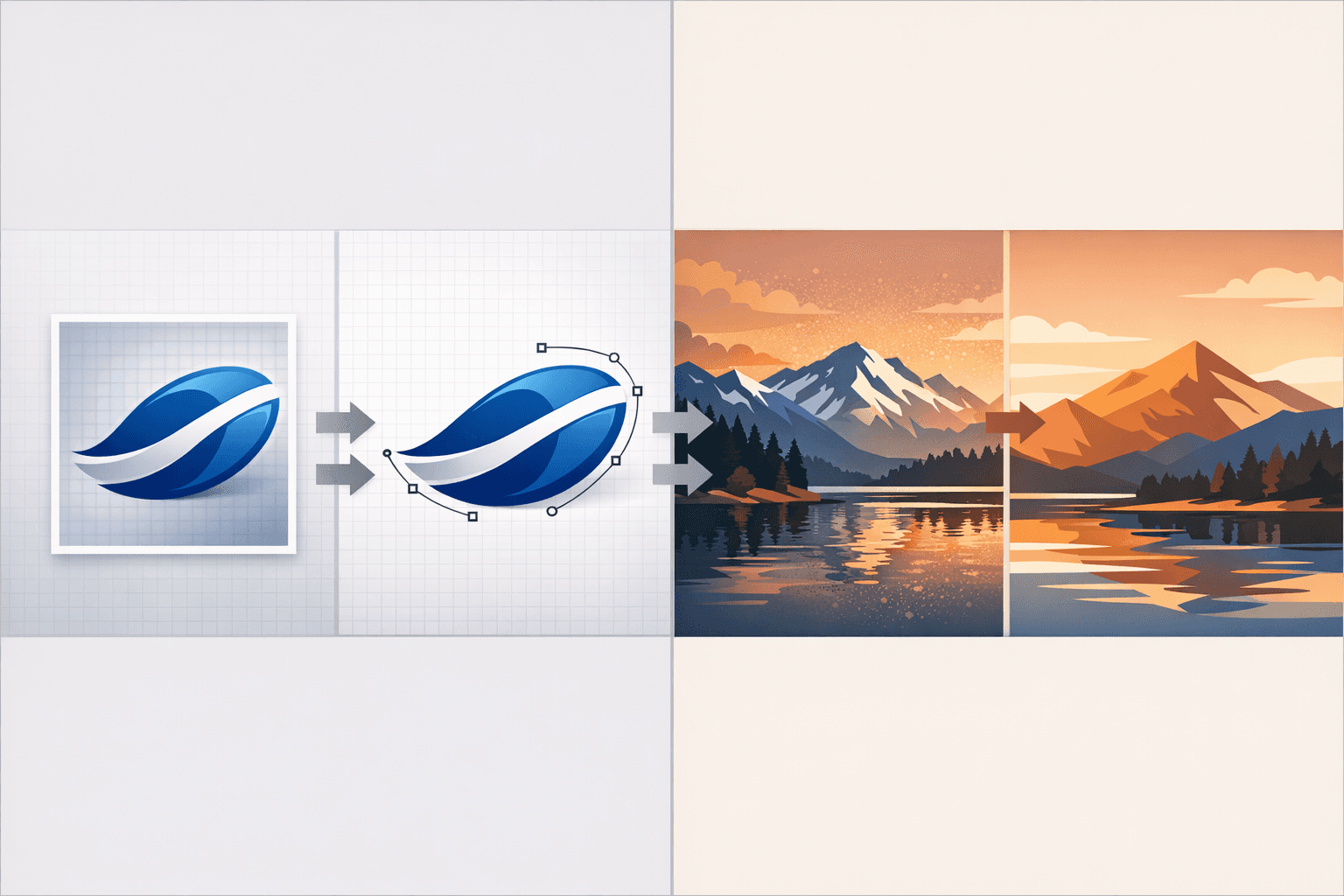 Split-screen illustration showing JPG-to-SVG conversion for a logo versus a photo with gradients.