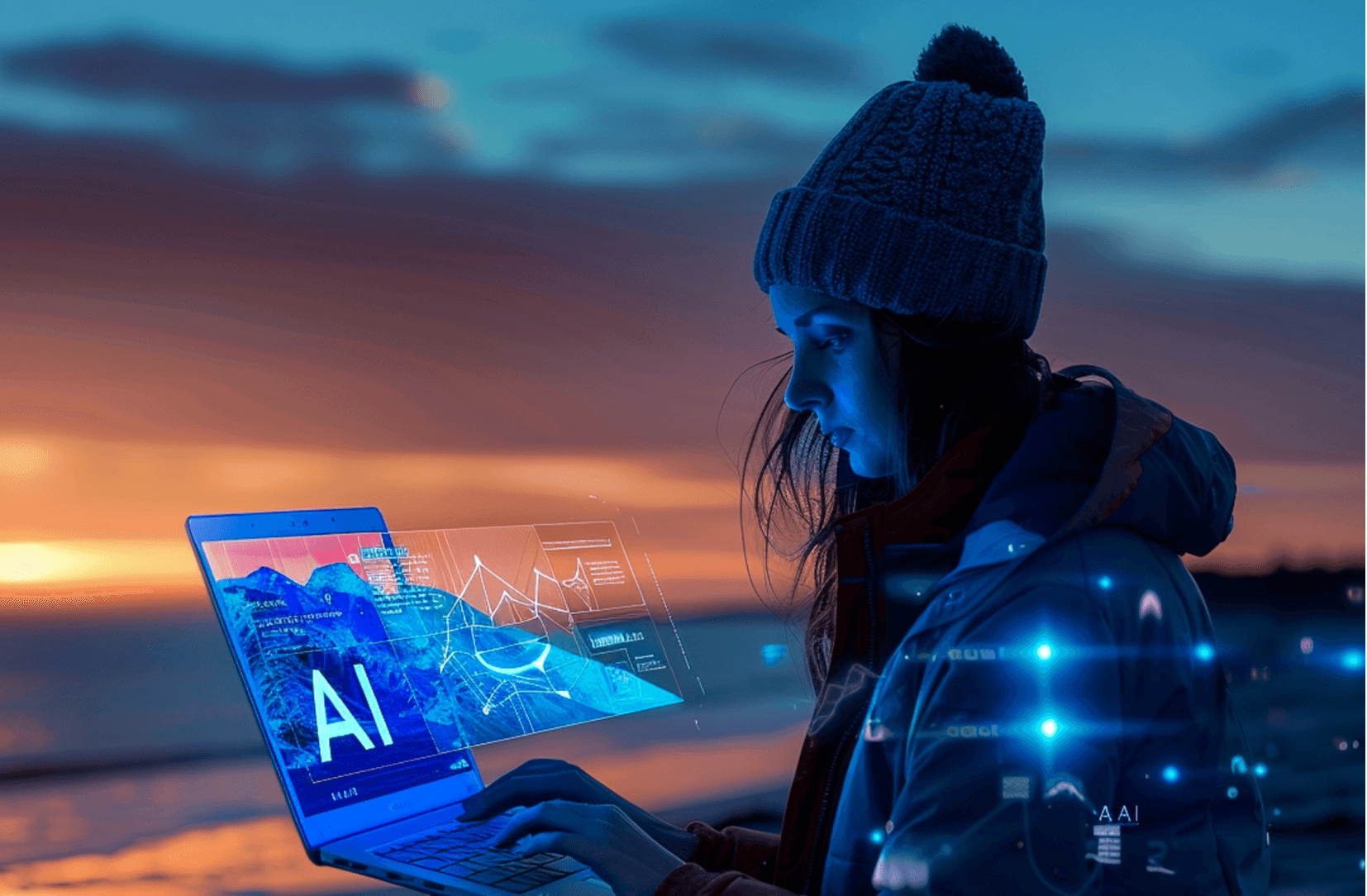 Woman using AI laptop outdoors