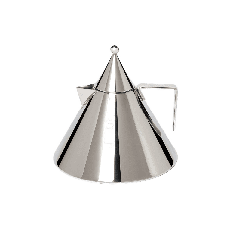 A polished stainless steel cone-shaped teapot with a modern design, featuring a sleek spout and a triangular handle, is set against a plain background.