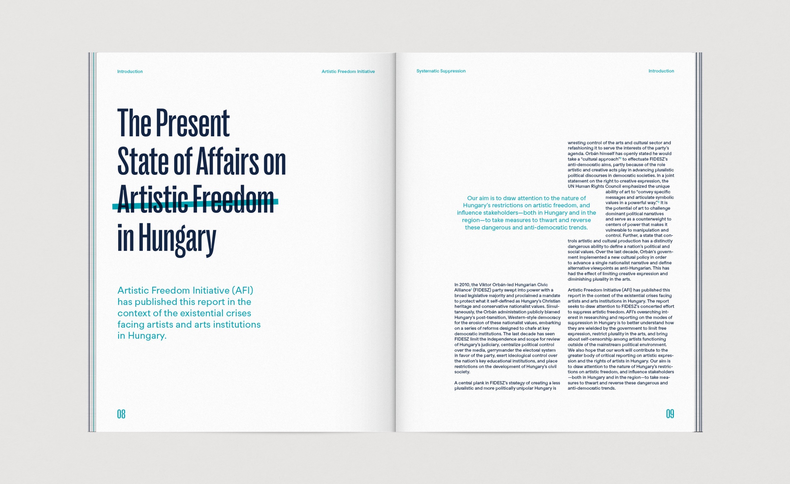 A spread the AFI publication featuring a layout design with huge titles and body copy on a grid.