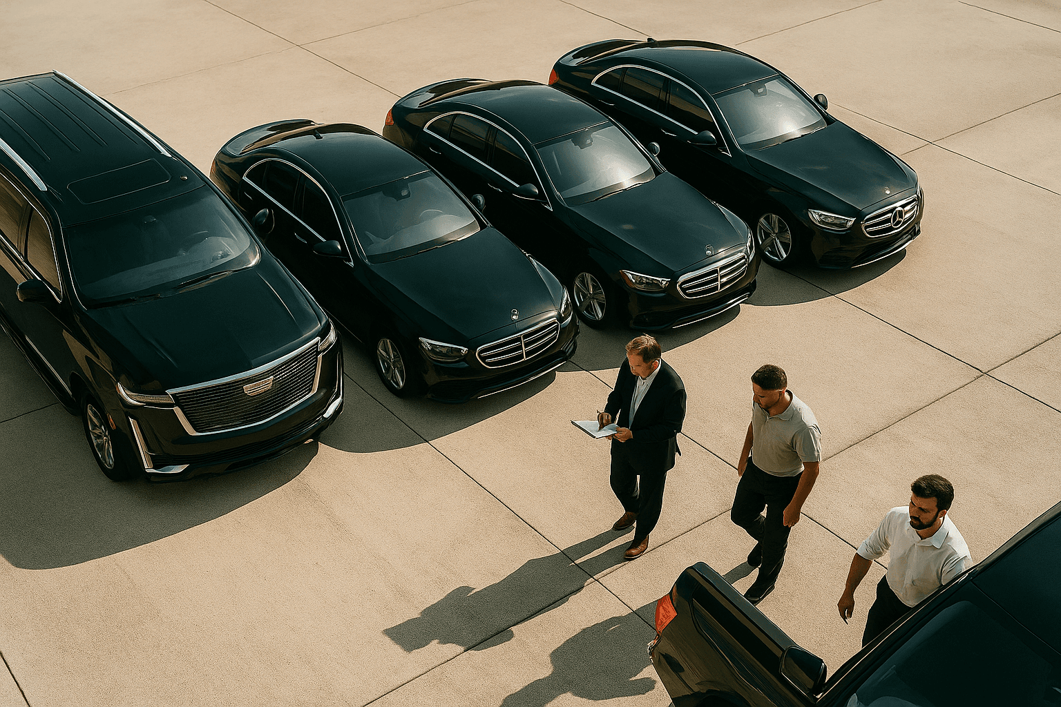 Aerial view of luxury black cars parked in a row with two people standing beside them, representing professional chauffeur partnerships and premium transportation service.