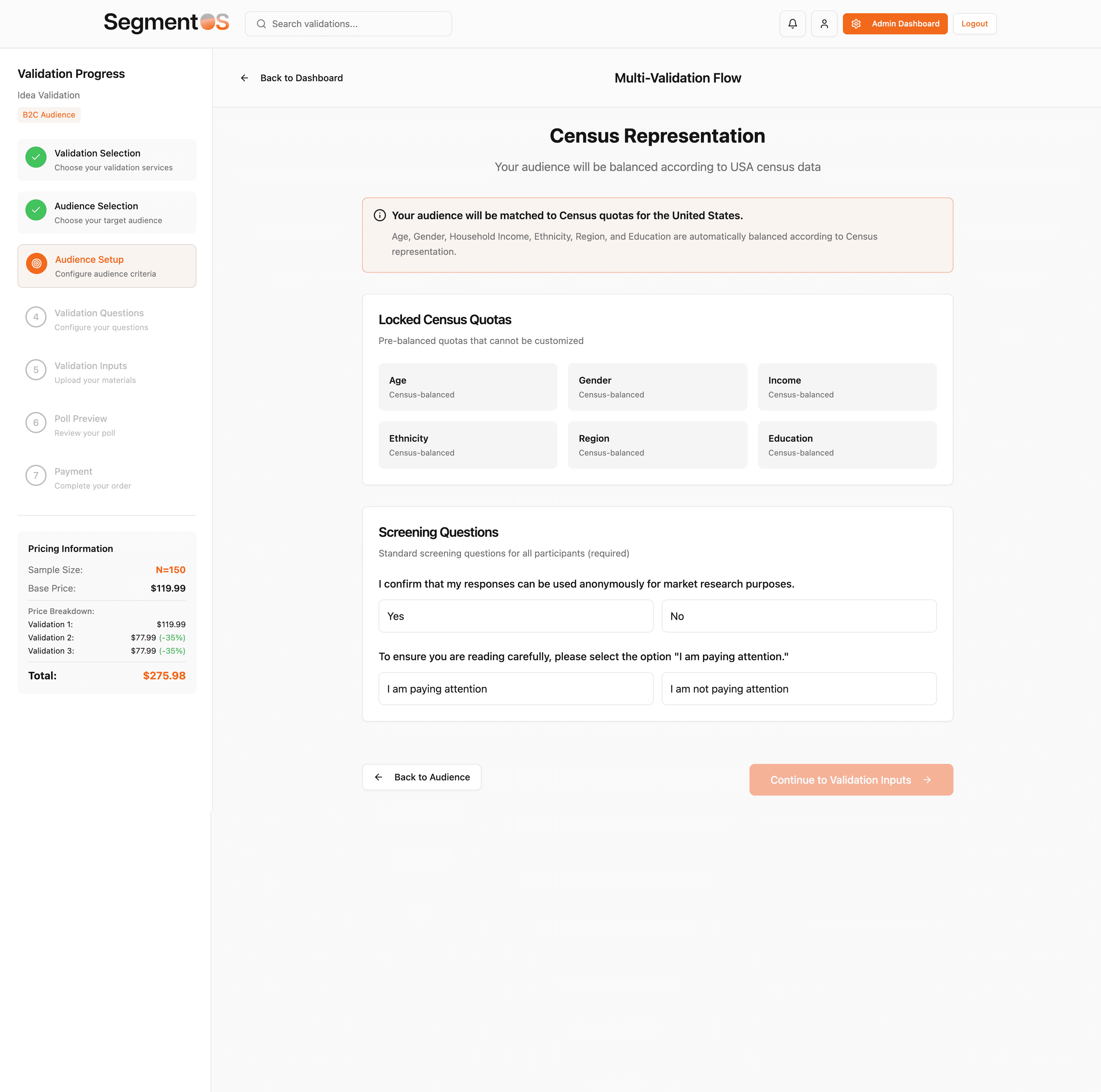 This screen covers Audience Setup and "Census Representation." It shows how a user can balance their survey audience against census data using quotas for criteria like gender and education, ensuring statistically relevant results.