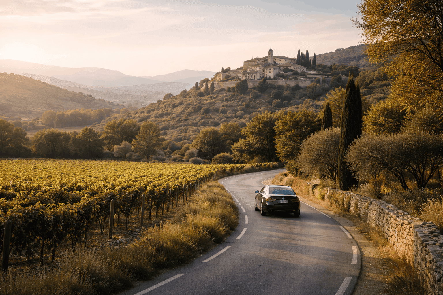 Luxury vehicle driving through scenic vineyards in Provence during a private tour.