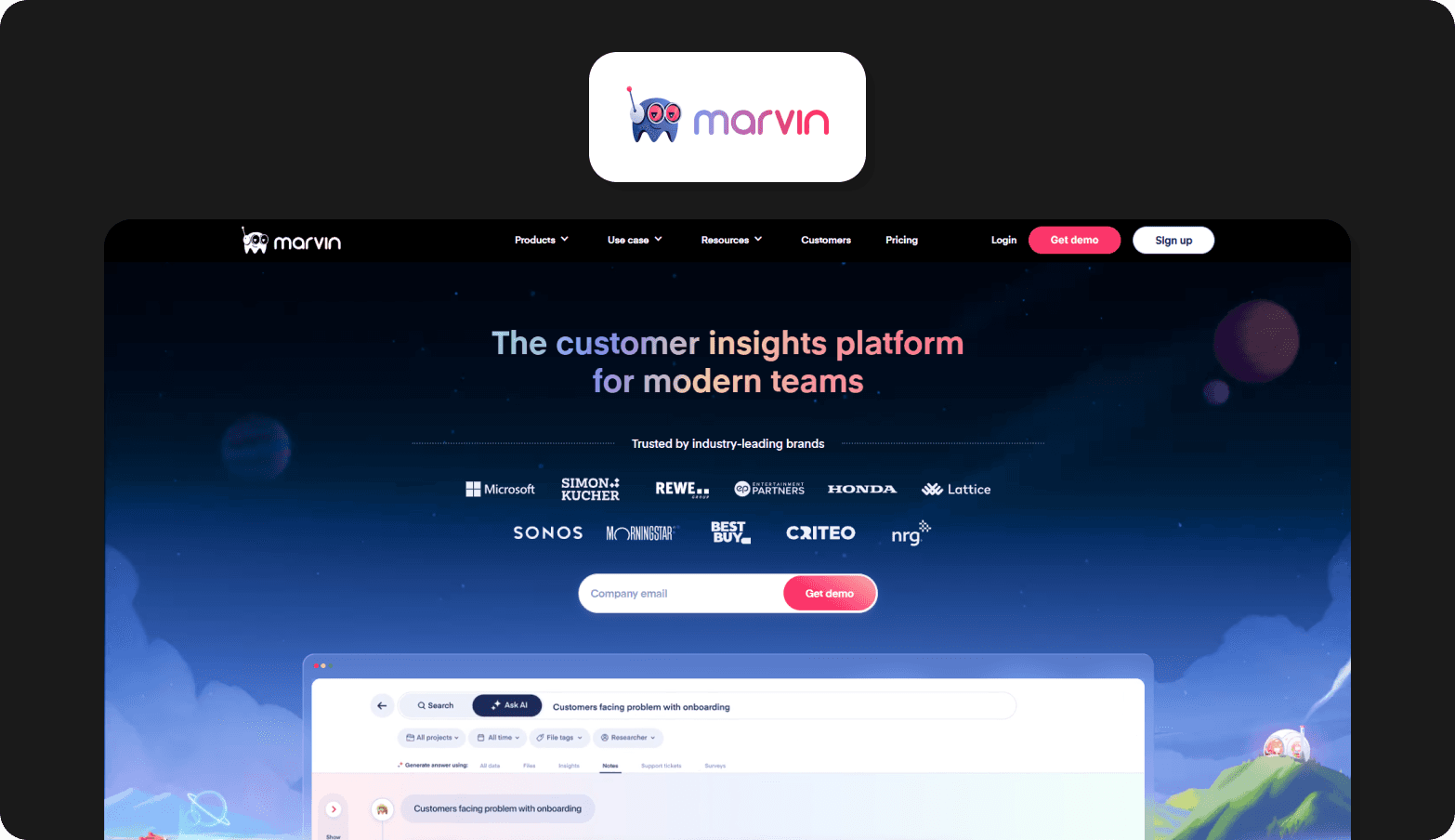 Screenshot of the Marvin homepage, described as "The customer insights platform for modern teams," set against a dark, space-themed illustrated background. The page shows logos of industry-leading brands including Microsoft, Simon-Kucher, REWE, Honda, Lattice, Sonos, Morningstar, Best Buy, Criteo, and NRG. A product UI preview is partially visible at the bottom. The Marvin logo — a cartoon robot character — appears above the browser screenshot on a dark background.