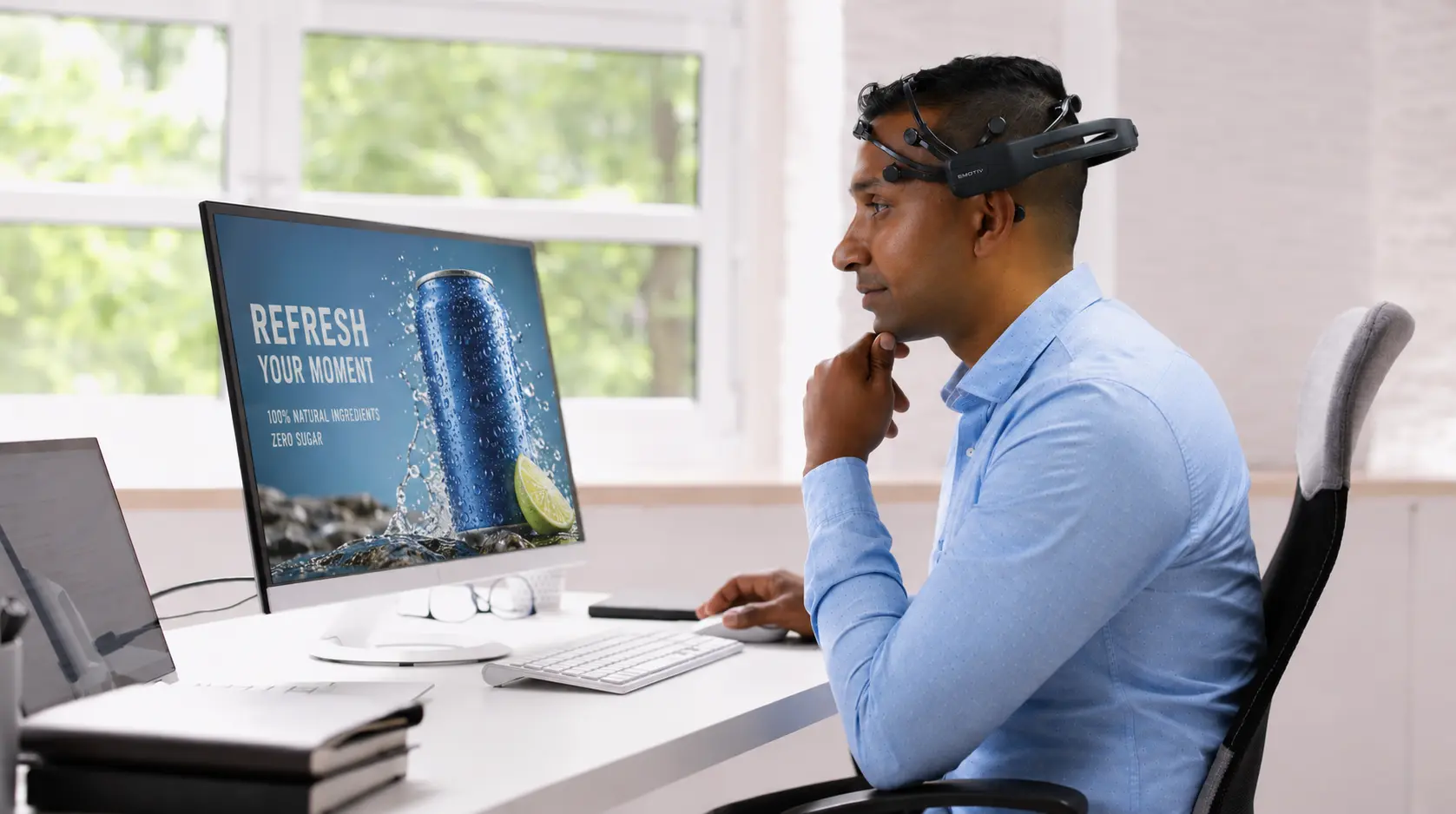 Ein Mann, der ein Emotiv Epoc EEG-Headset trägt, sitzt an einem Desktop-Computer und sieht sich eine Getränkewerbung mit einer kalten Getränkedose, Splash-Effekten und Produktbotschaften an. Die Szene repräsentiert neurowissenschaftlich basierte Werbeforschung zur Messung von Aufmerksamkeit und Engagement der Zielgruppe während des Getränkemarketing-Tests.
