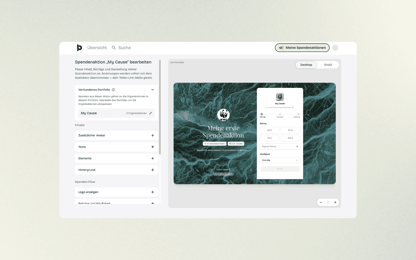 Bearbeitungsoberfläche der Spendenaktion mit Menüpunkten wie Texte, Elemente, Hintergrund und Farben.