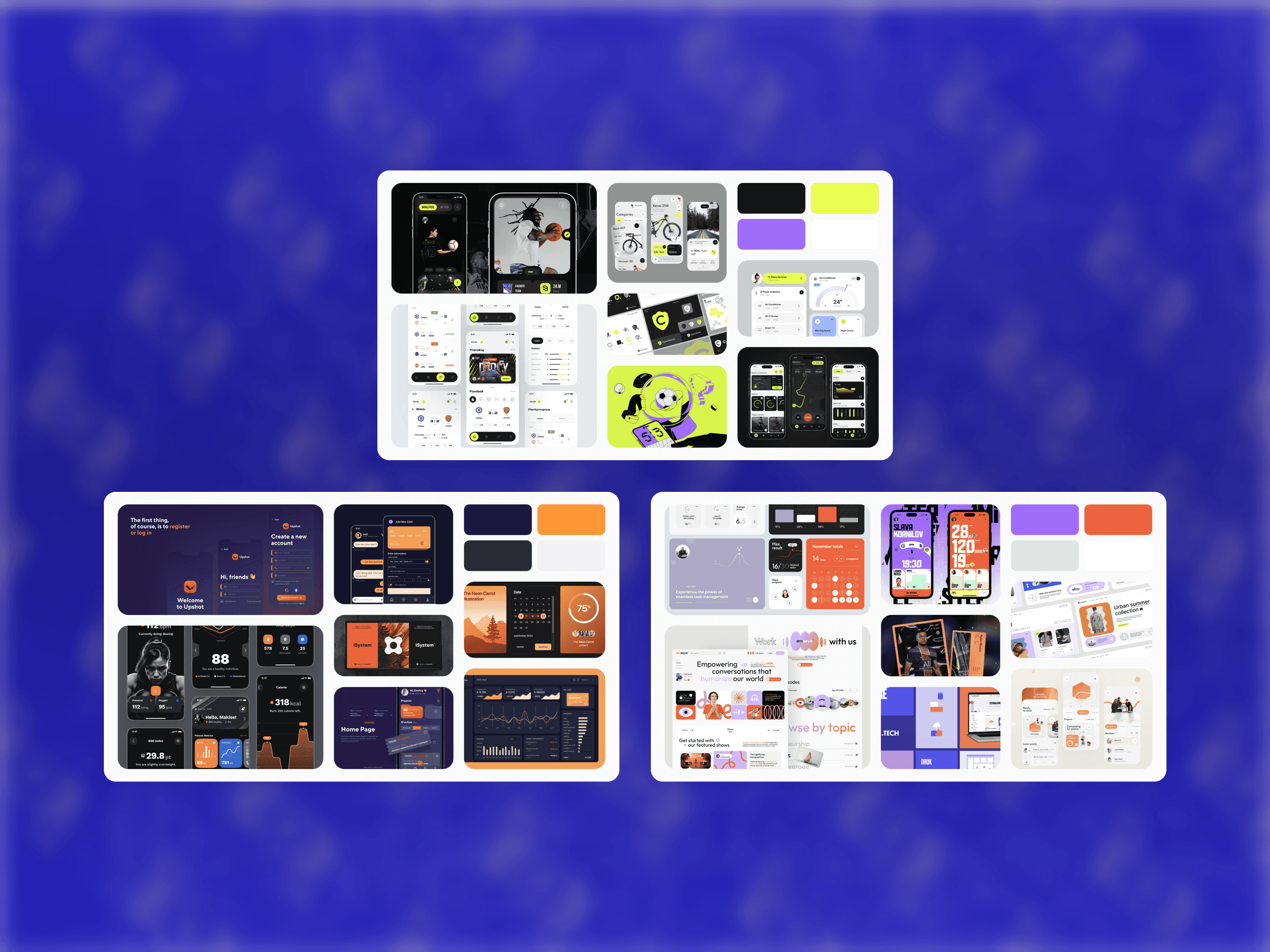Trois moodboards présentant des inspirations de design d’interfaces utilisateur pour l’application mobile Renard des Surfaces.