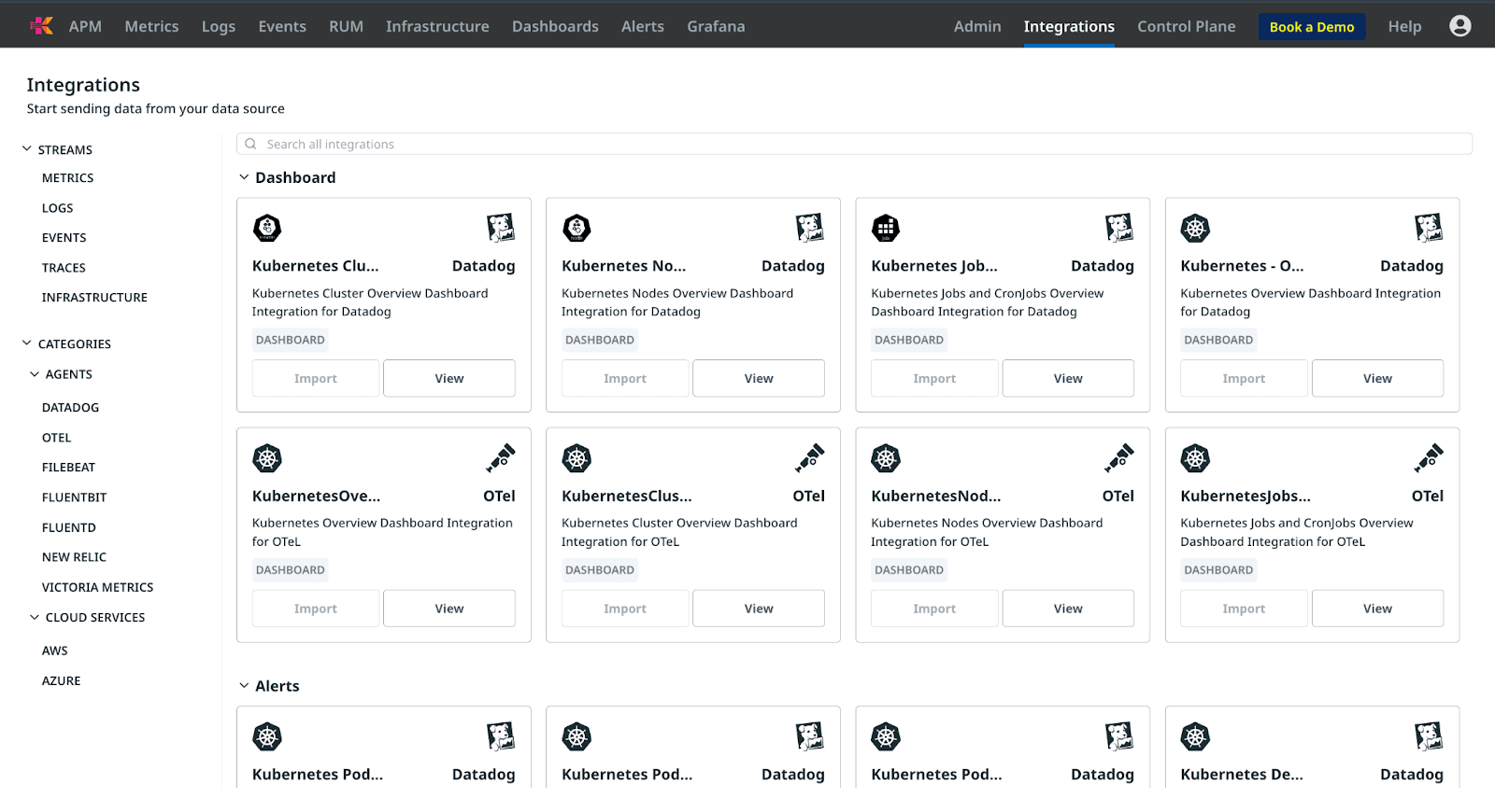 Kloudfuse Integrations dashboard showing Kubernetes monitoring integrations for Datadog and OpenTelemetry