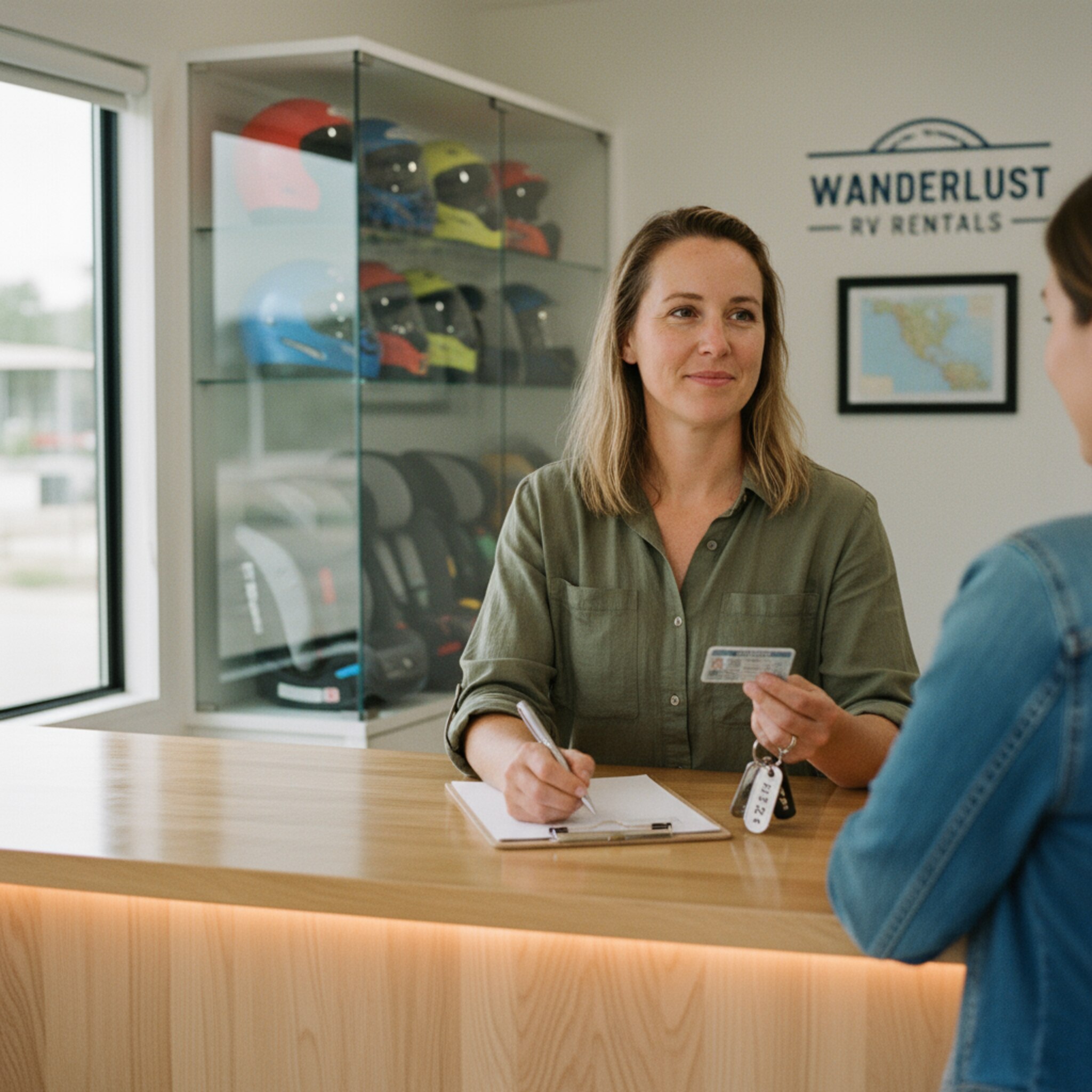 An einem Tresen der Vermietstation kontrolliert eine Mitarbeiterin sorgfältig einen Führerschein und notiert eine Fahrzeugklasse. Ein dezentes Lichtband betont die saubere Oberfläche. Neben ihr liegt ein Schlüsselbund mit gravierten Nummern. Hinter Glas stehen helle Helme und Kindersitze ordentlich bereit.