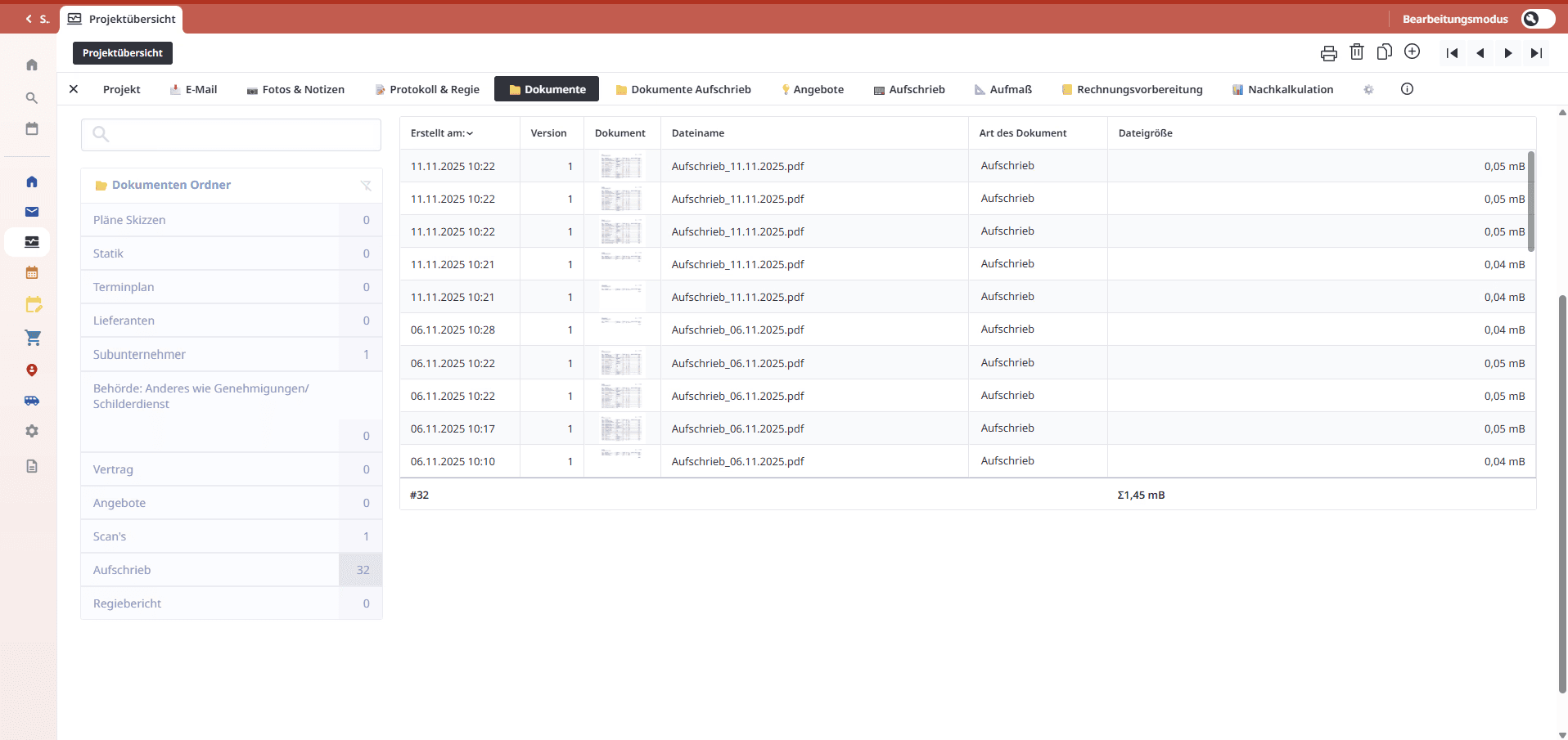 Screensot des Dokumentenmanagements einer individuellen Handwerkersoftware