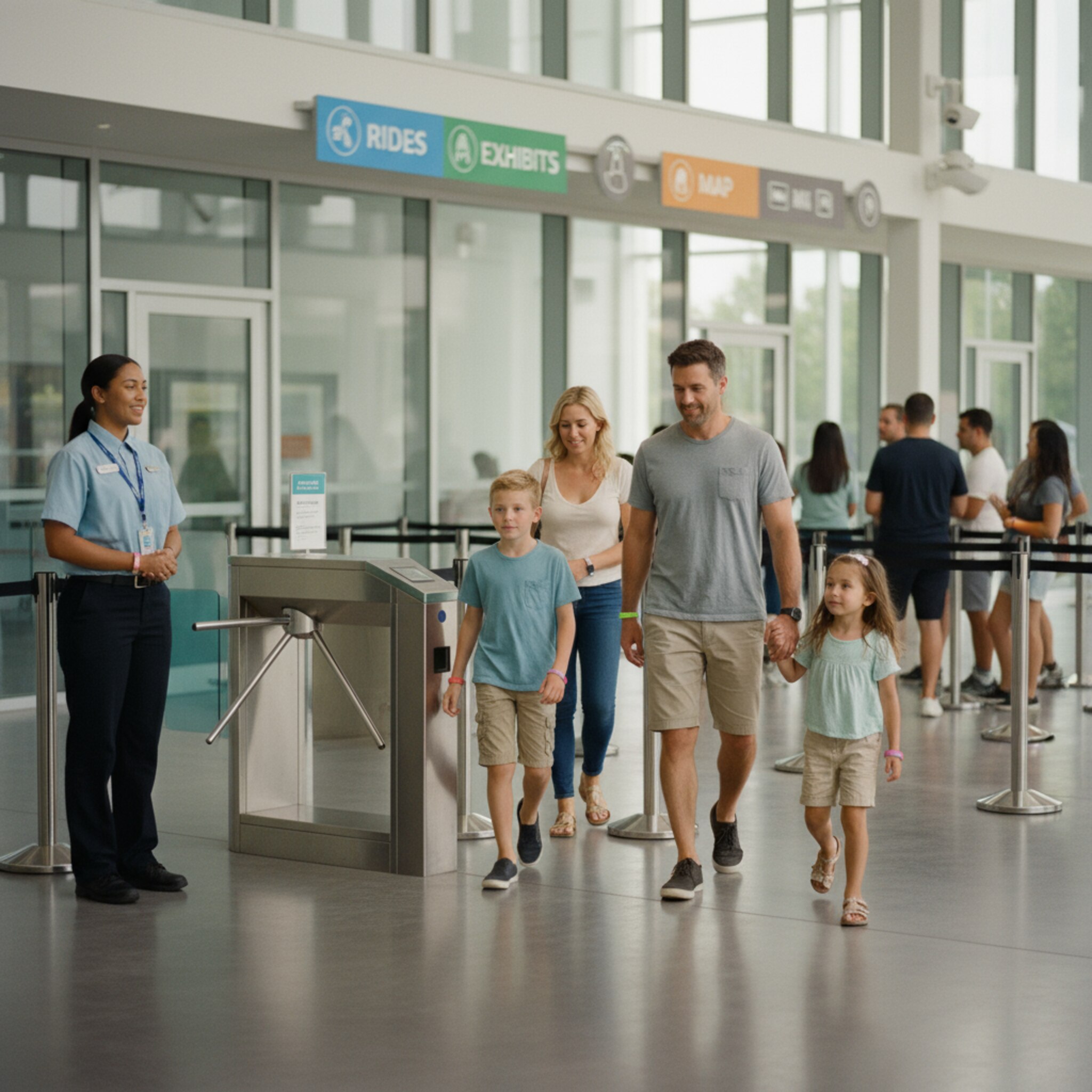 An einem breiten Eingang öffnet sich eine Drehsperre, während ein Mitarbeiter freundlich grüßt. Eine Familie mit Tagesbändern passiert zügig, weitere Gäste stellen sich in ruhigen Reihen an. Weiches Licht fällt auf den Boden, bunte Banner verweisen auf Attraktionen. Alles wirkt schnell und geordnet.