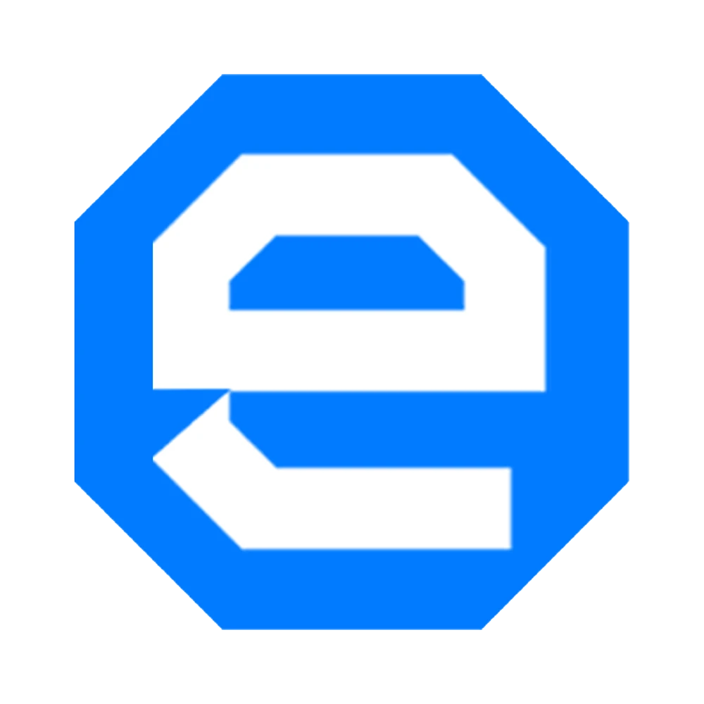 Blue octagonal logo with a white "e" shape, indicating a company or brand.