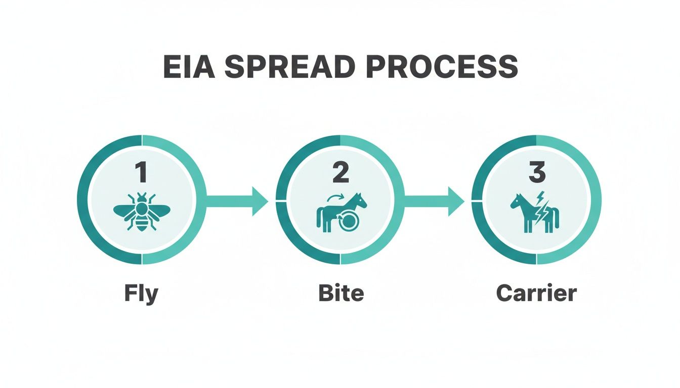 Infographic showing the three-step EIA spread process: fly, bite, and carrier horse.