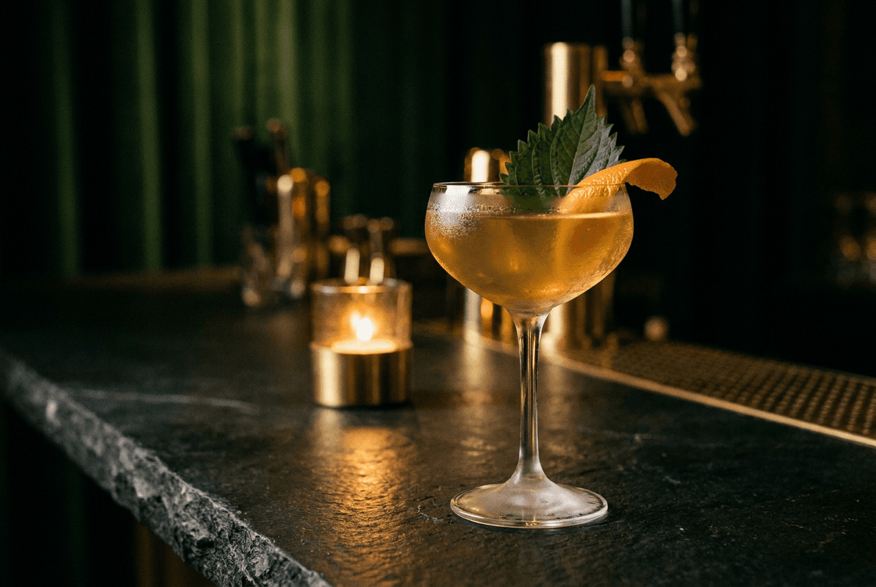 An evening cocktail garnished with shiso and bitter orange