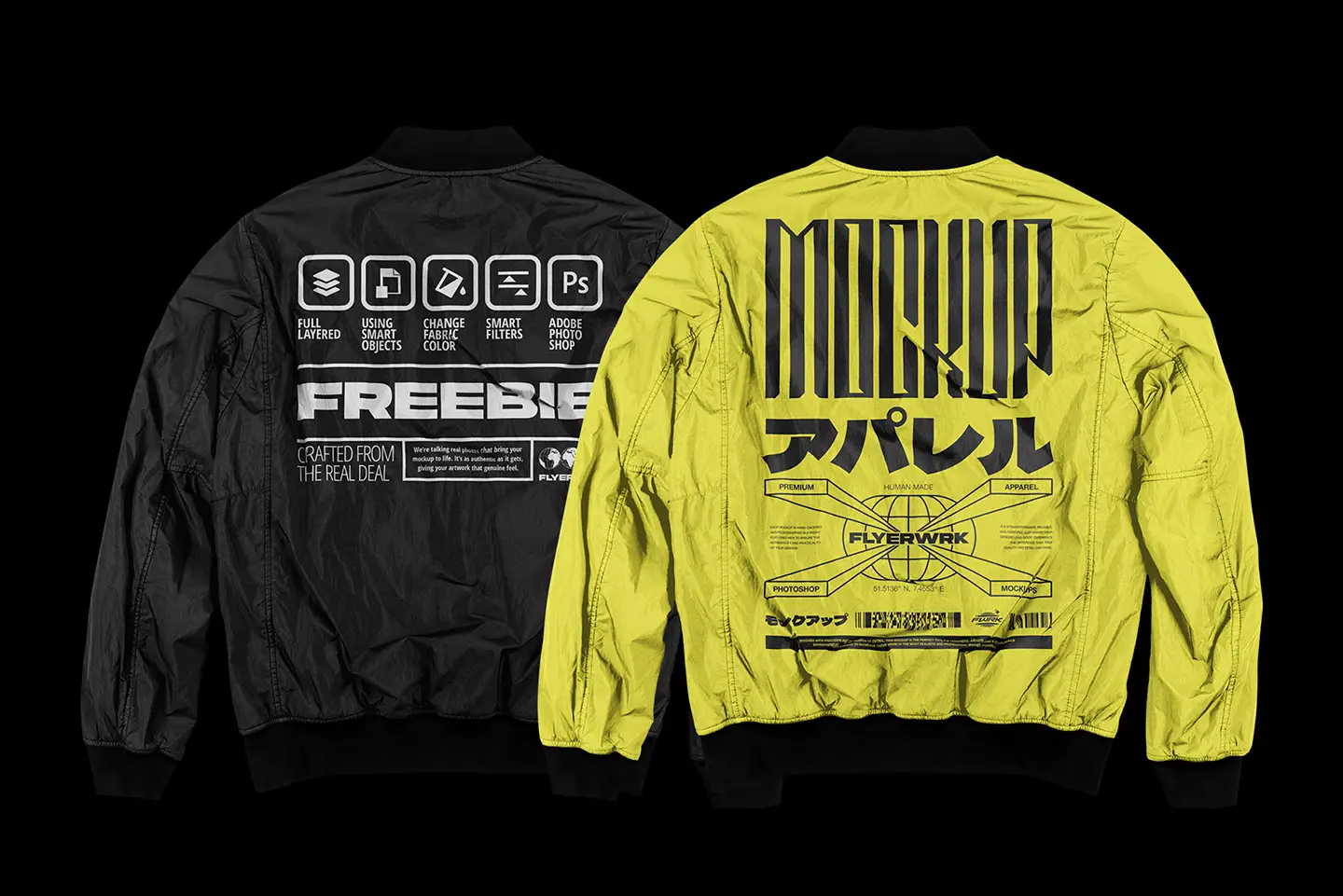 Back view of the Bomber Jacket Mockup in black and yellow showing realistic nylon fabric textures