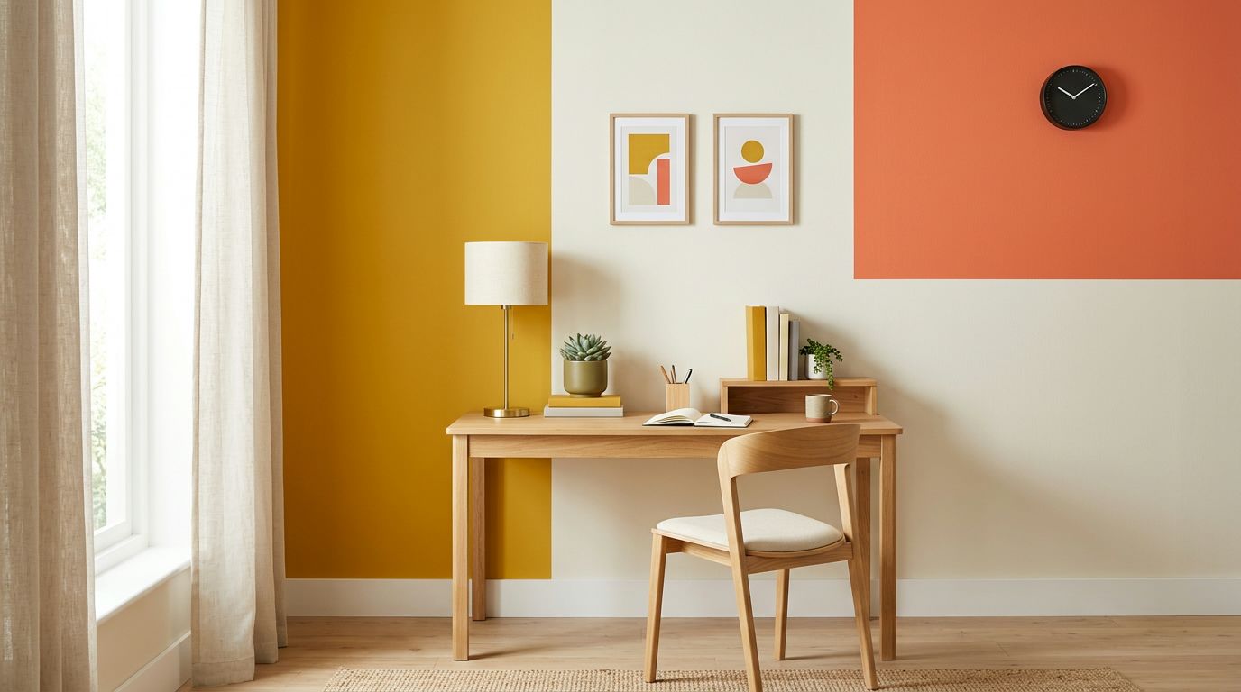 A minimalist home office with a wooden desk and chair against a multicolored wall in a bright room.